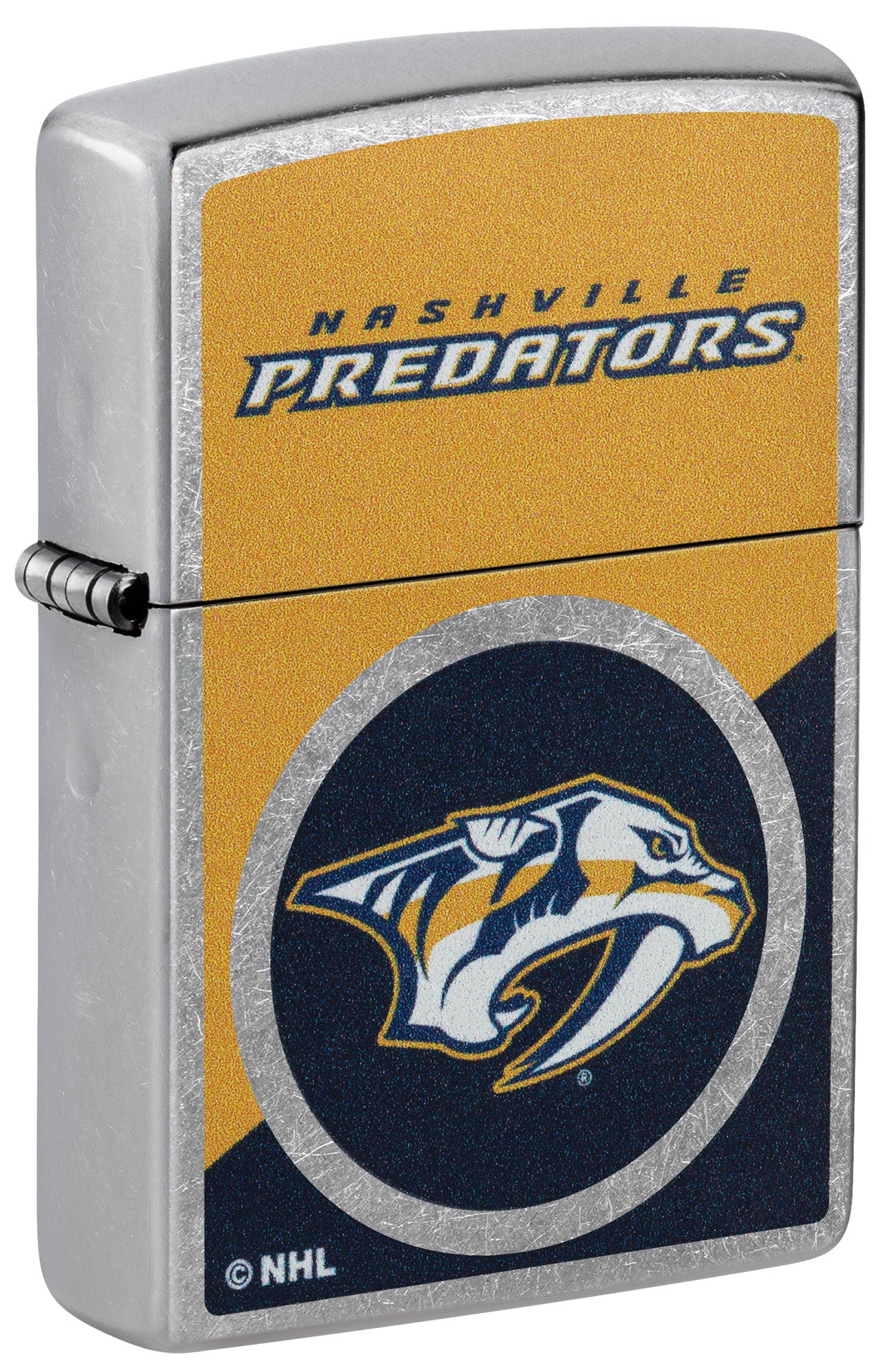 Front shot of Zippo NHL® Nashville Predators® 2024 Street Chrome™ Windproof Lighter standing at a 3/4 angle.
