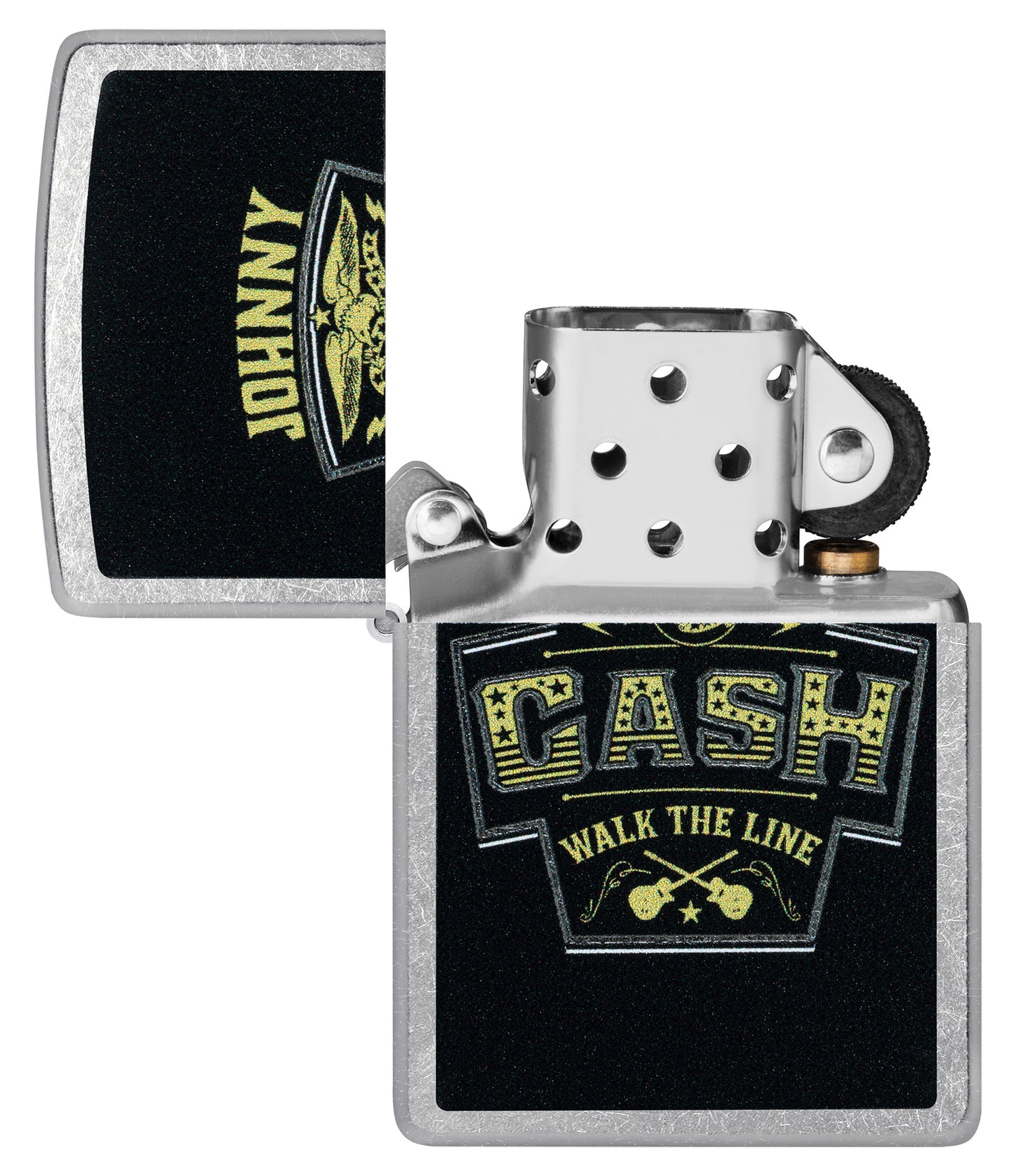 Zippo Johnny Cash Marquee Design Street Chrome Windproof Lighter with its lid open and unlit.