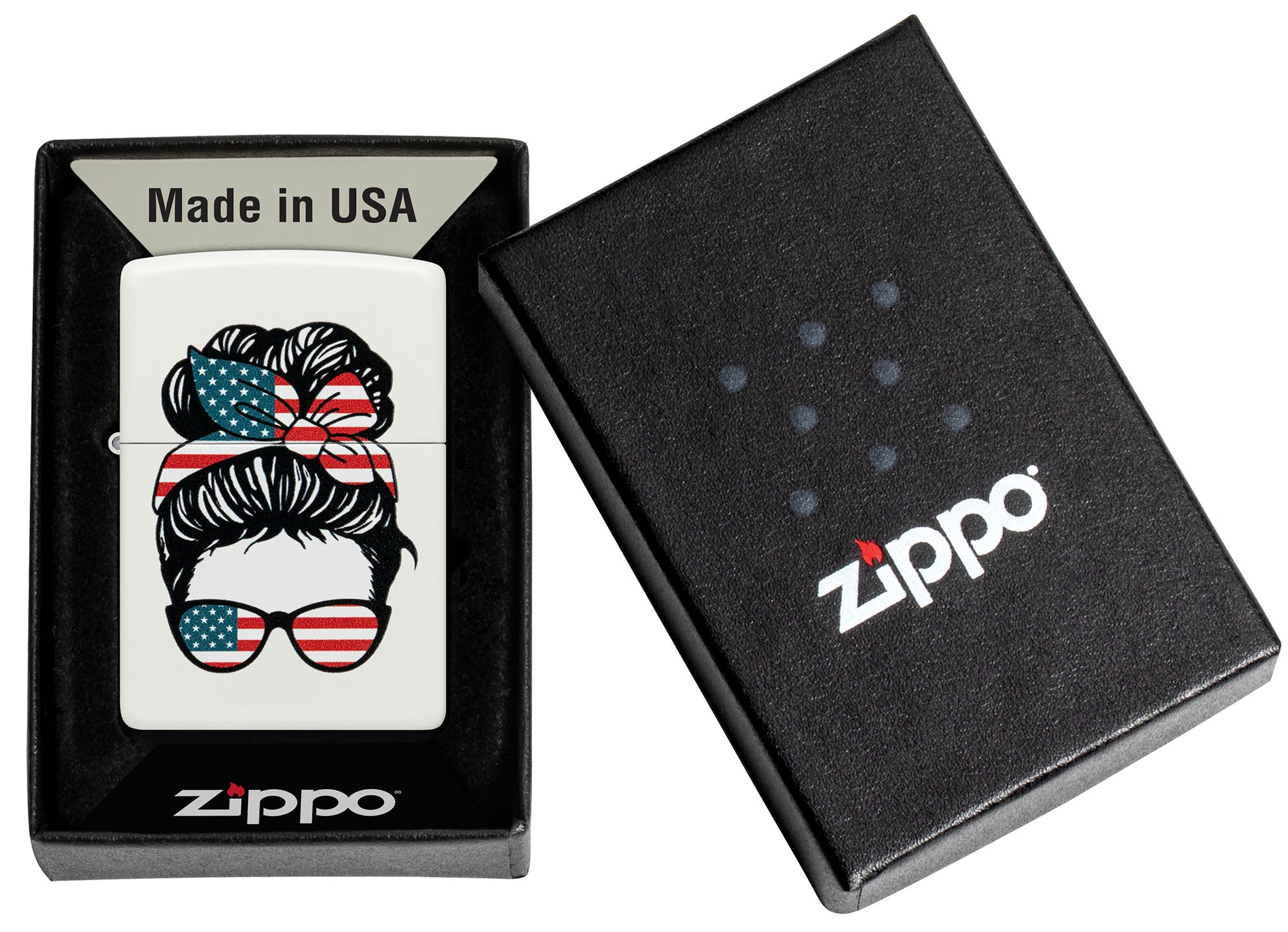 Zippo American Woman Design White Matte Windproof Lighter in its packaging.