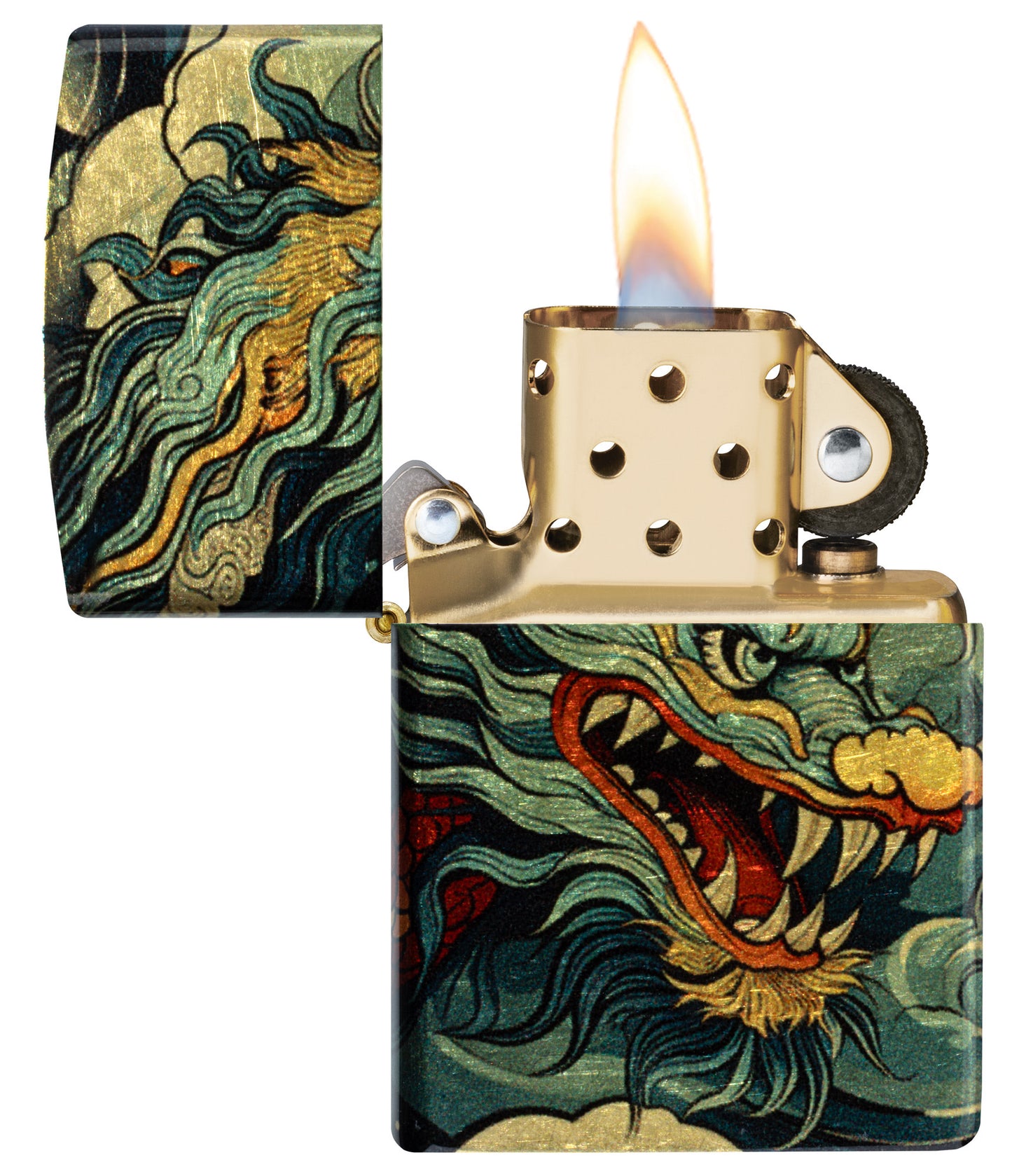 Zippo Dragon Fusion Design 540 Tumbled Brass Windproof Lighter with its lid open and lit.