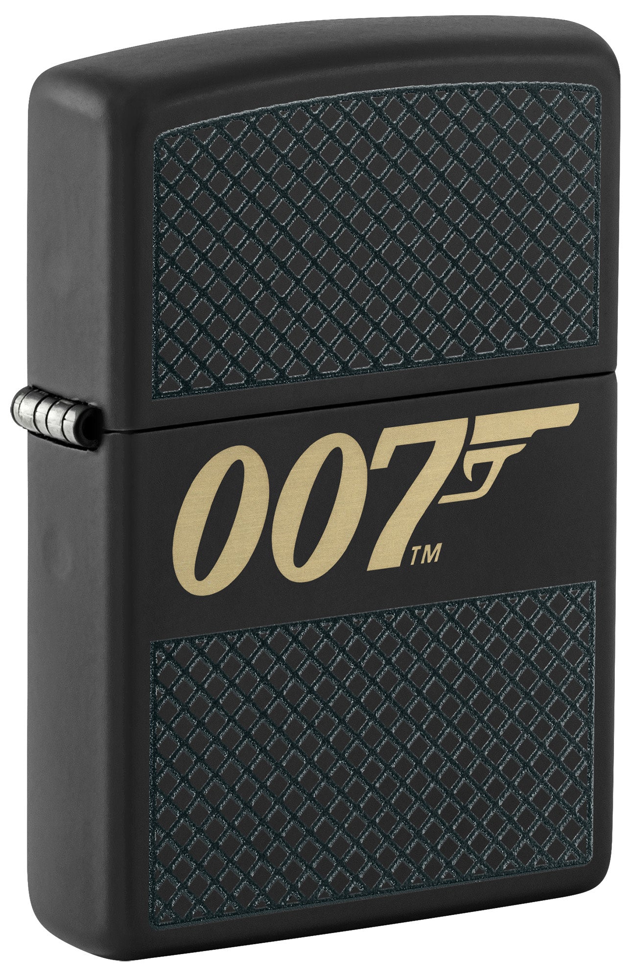 Front shot of Zippo James Bond 007â„¢ Design Black Matte Windproof Lighter standing at a 3/4 angle.
