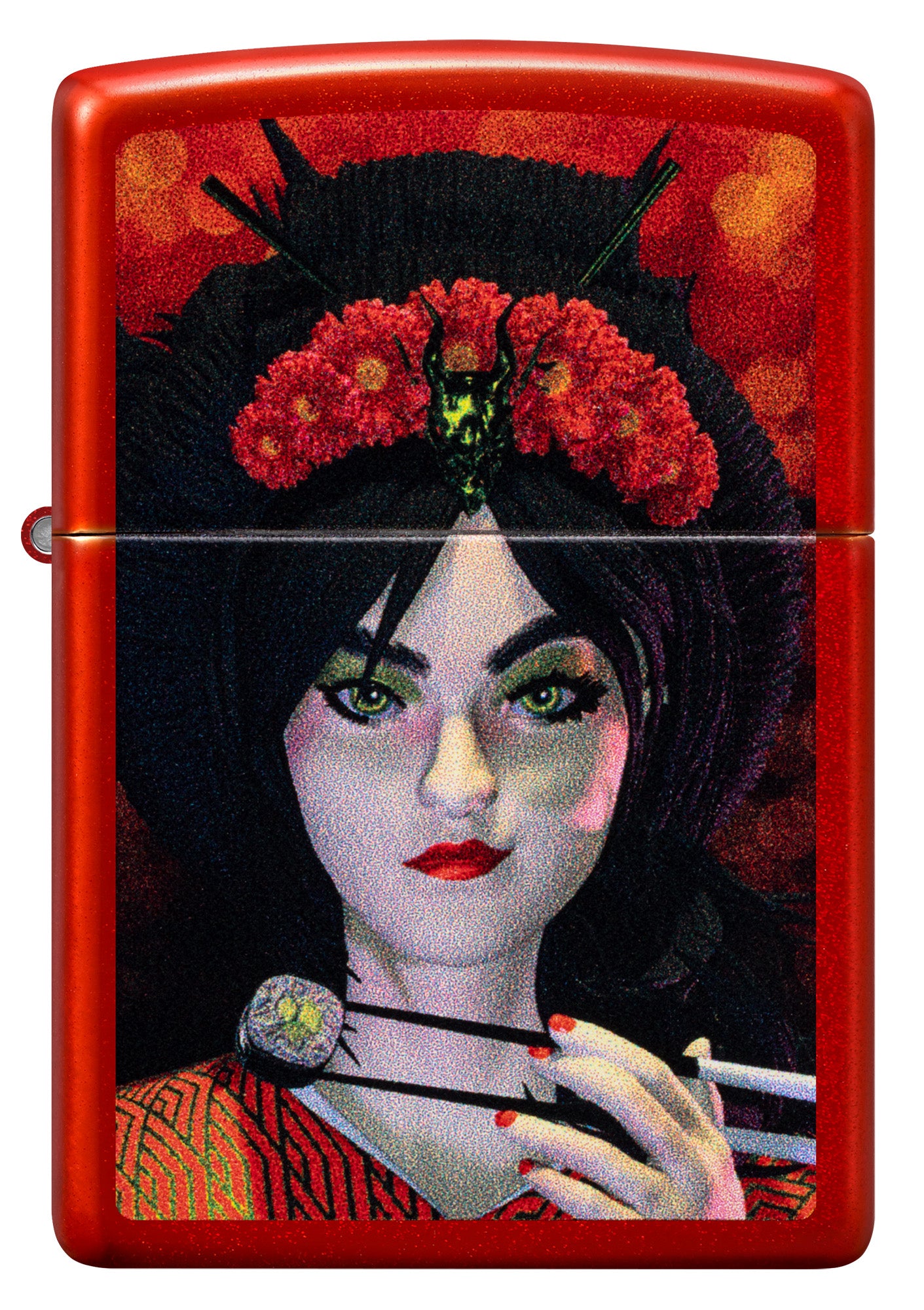 Front view of Zippo Dinner for Two Design Metallic Red Windproof Lighter.