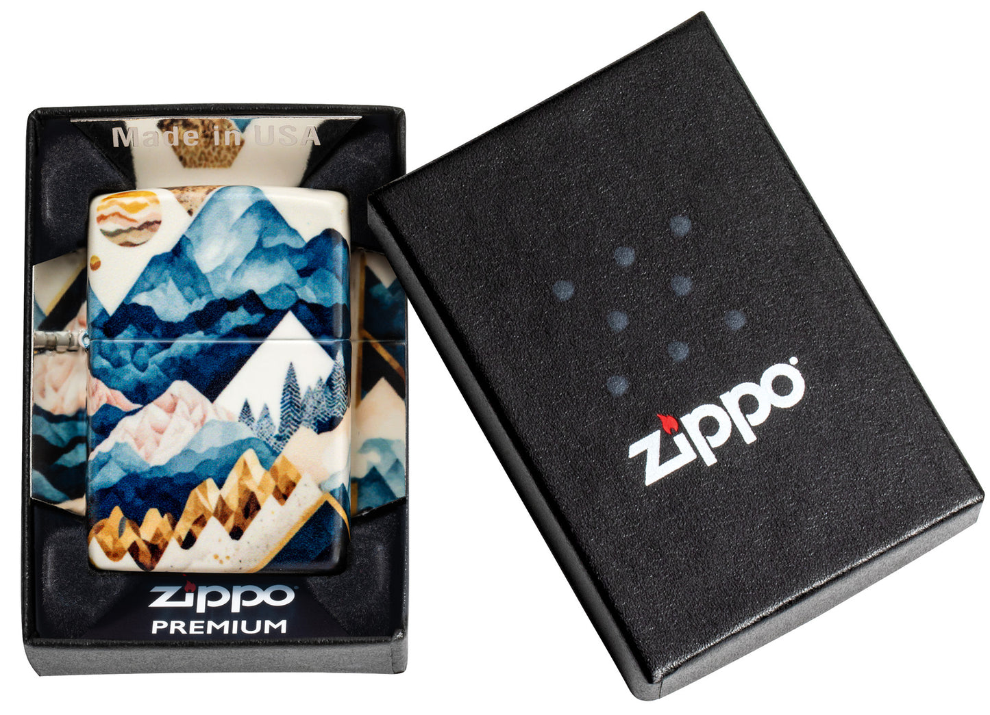 Zippo Mountain Collage Design 540 Matte Windproof Lighter in its packaging.