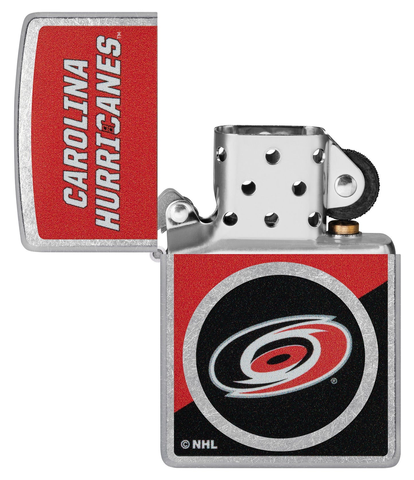 Zippo NHL® Carolina Hurricanes® 2024 Street Chrome™ Windproof Lighter lit in hand.