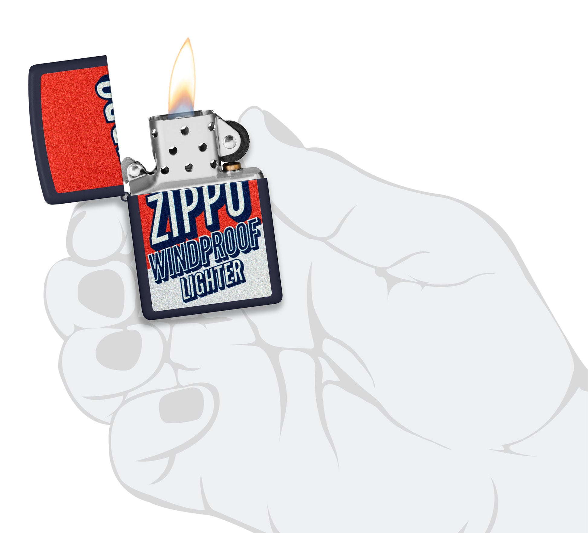 Zippo Color Block Zippo Design Navy Matte Windproof Lighter lit in hand.