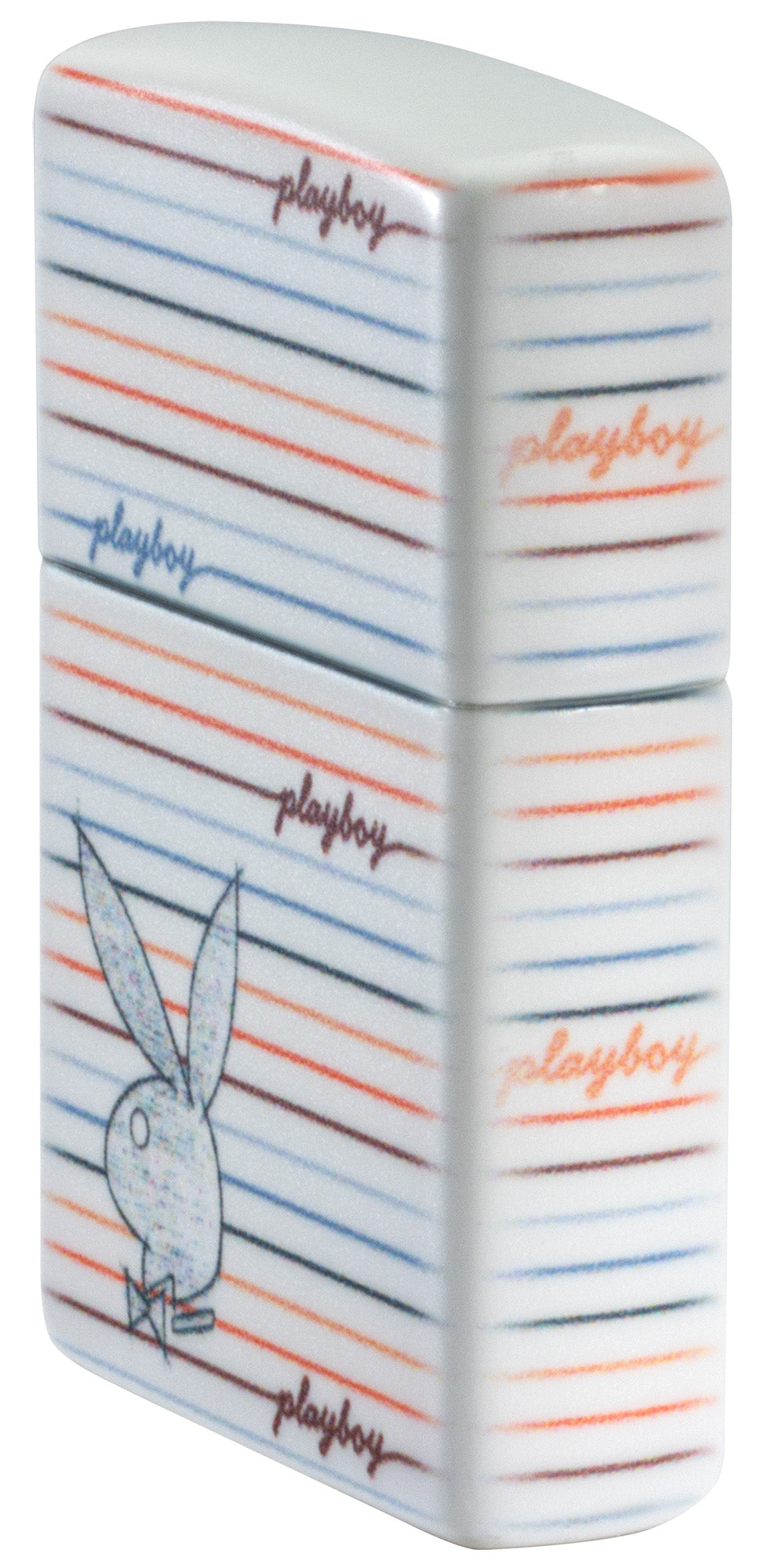 Angled shot of Zippo Playboy Rabbit Silhouette Line Design White 540 Matte Windproof Lighter showing the front and right sides of the lighter.
