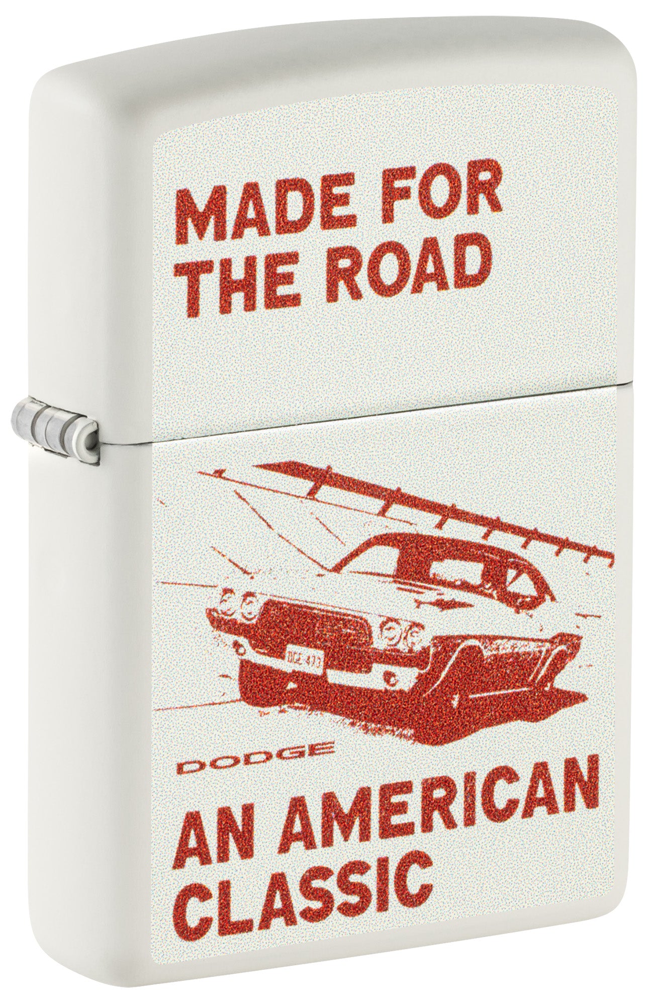 Front shot of Zippo Dodge Made for the Road Design White Matte Windproof Lighter standing at a 3/4 angle.
