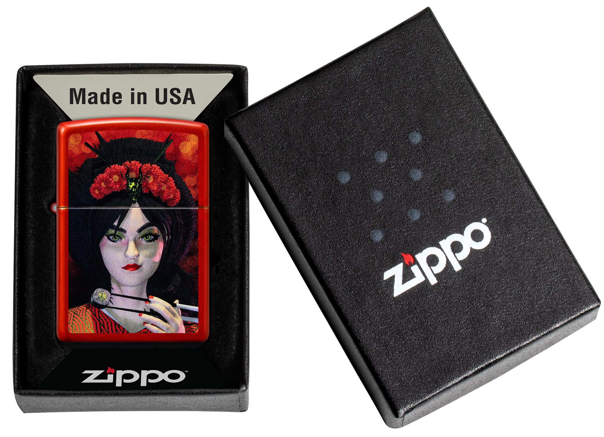 Zippo Dinner for Two Design Metallic Red Windproof Lighter in its packaging.