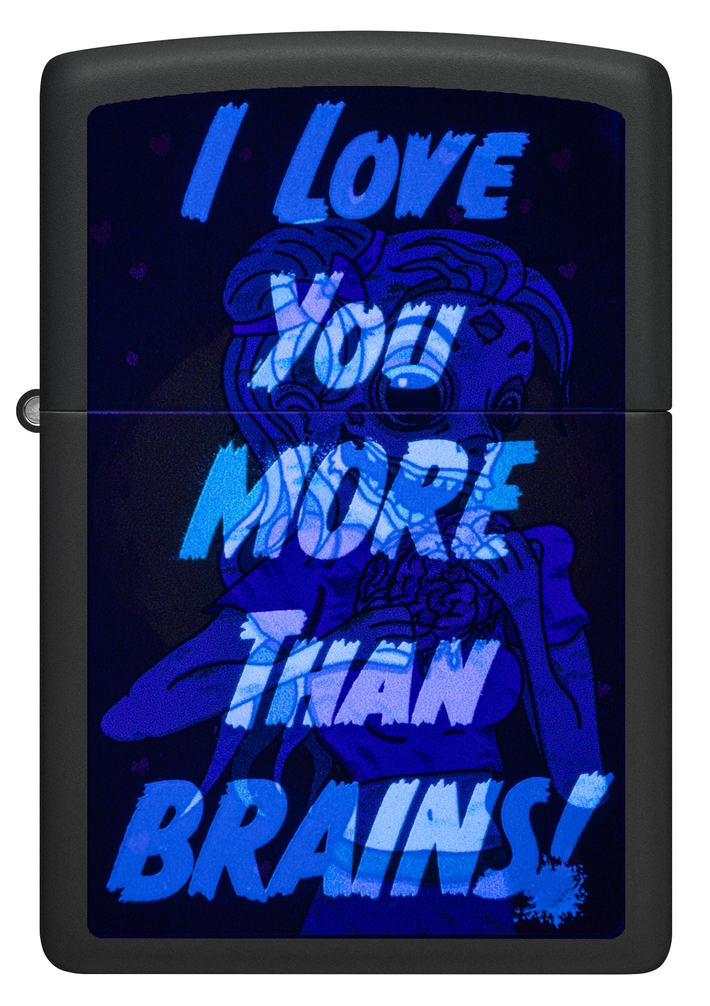 Front view of Zippo Black Light Brainiac Design Black Matte Windproof Lighter glowing under a black light.