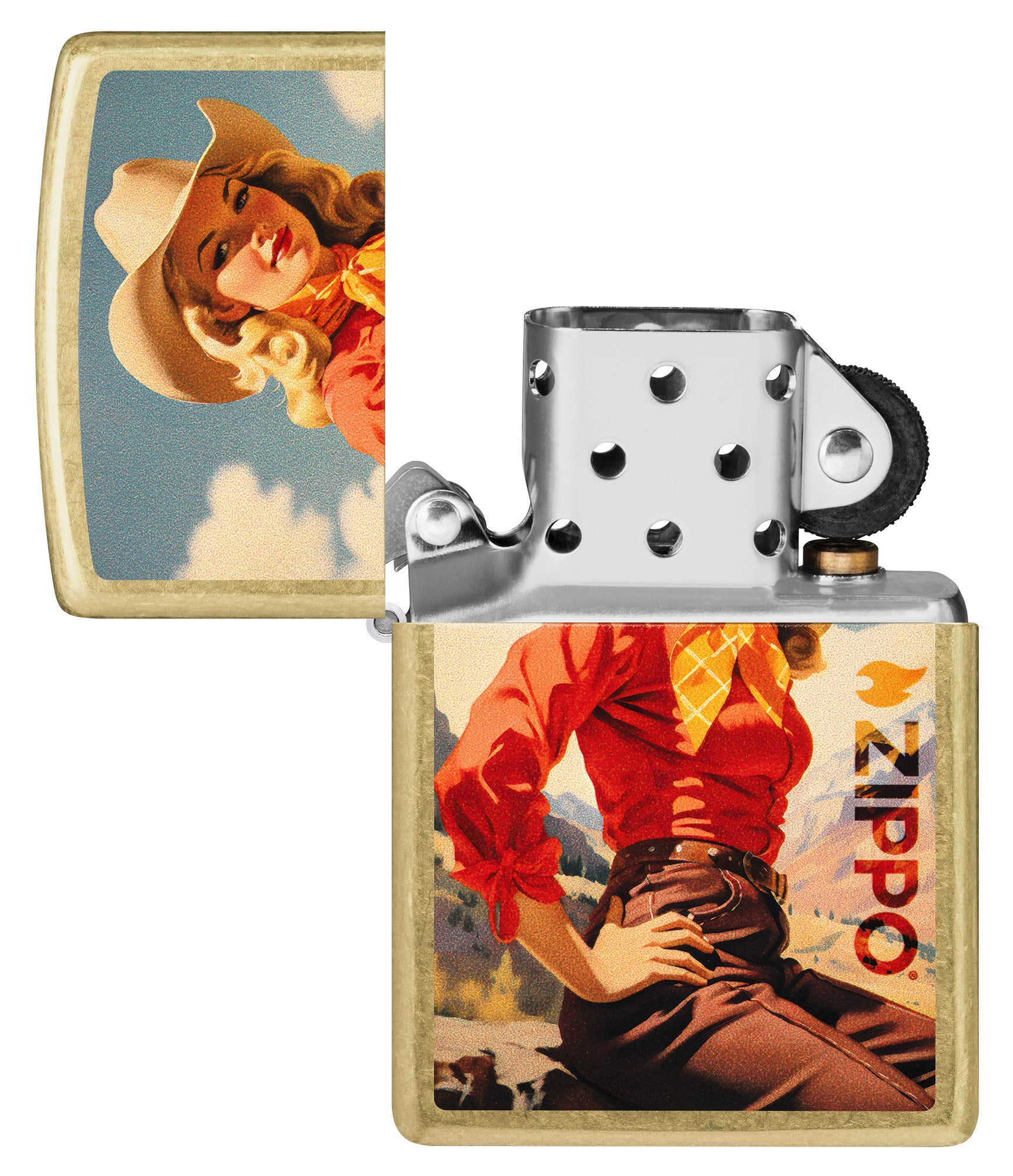 Zippo Rancher Design Regular Street Brass Windproof Lighter with its lid open and unlit.