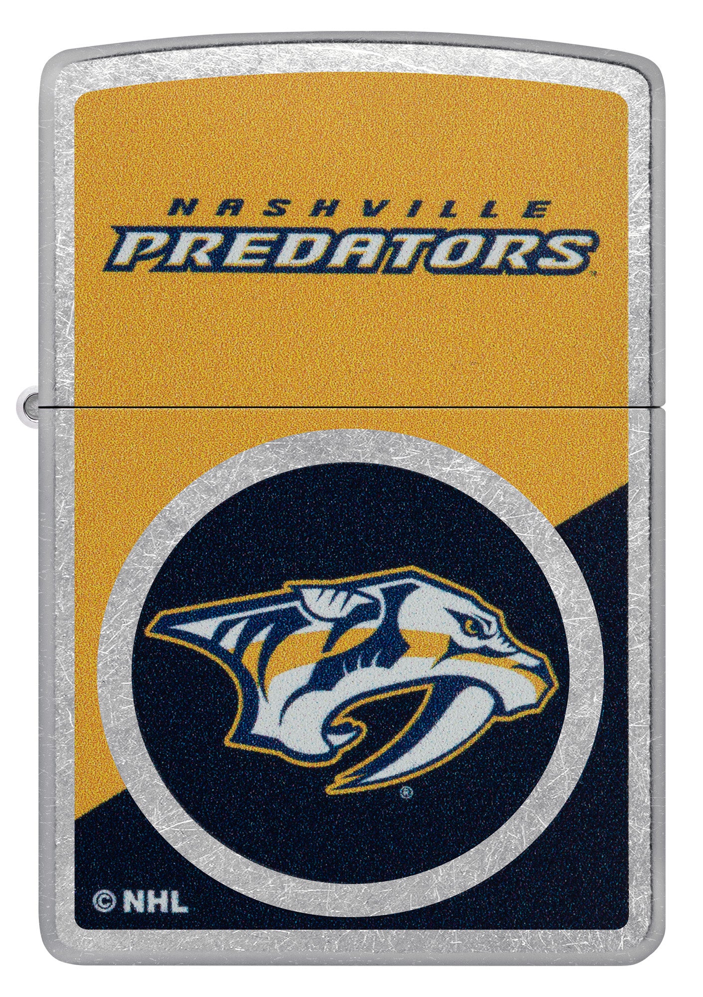 Zippo NHL® Nashville Predators® 2024 Street Chrome™ Windproof Lighter with its lid open and lit.