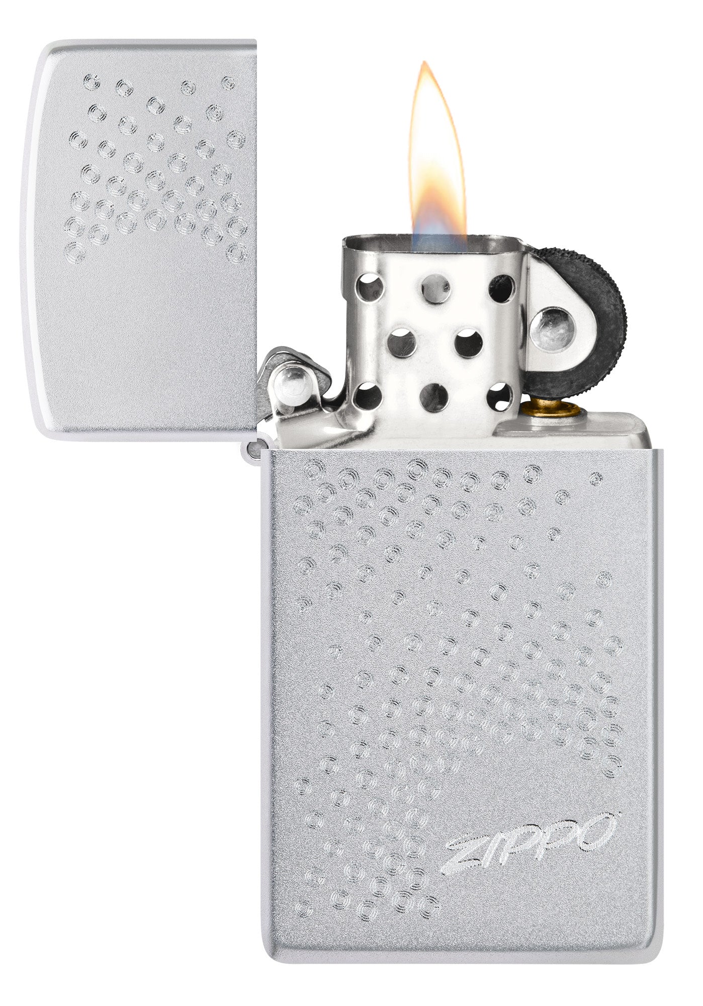 Slim® Zippo Dot Design Satin Chrome Windproof Lighter with its lid open and lit.