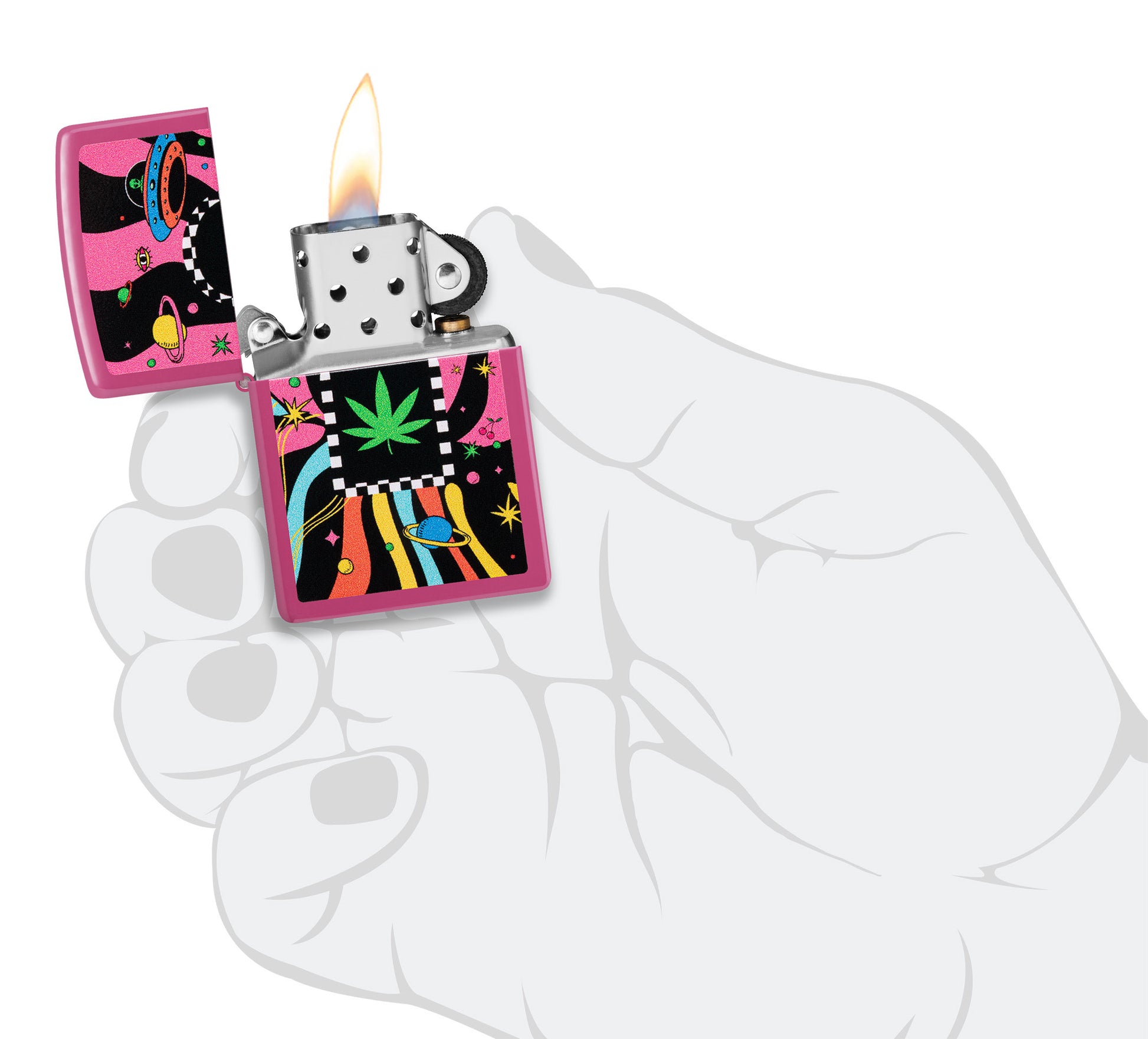 Zippo Cannabis Design Frequency Windproof Lighter lit in hand.