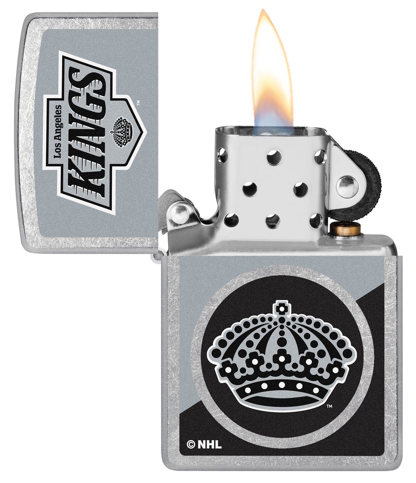 Zippo NHL® LA Kings® 2024 Street Chrome™ Windproof Lighter with its lid open and unlit.