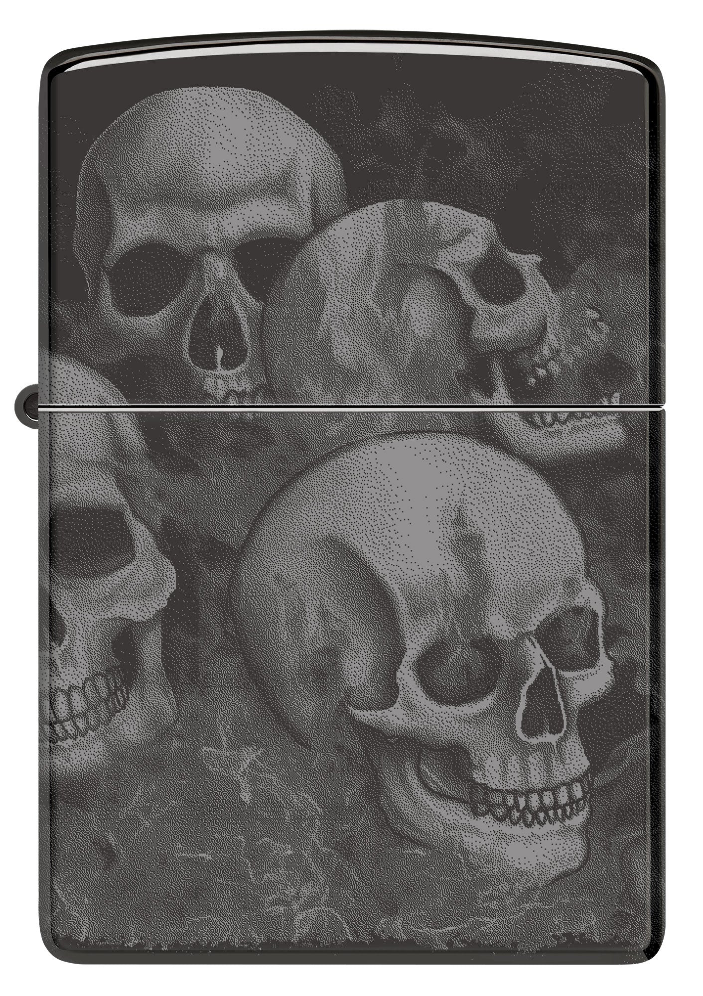 Front view of Zippo Skulls High Polish Black Windproof Lighter.