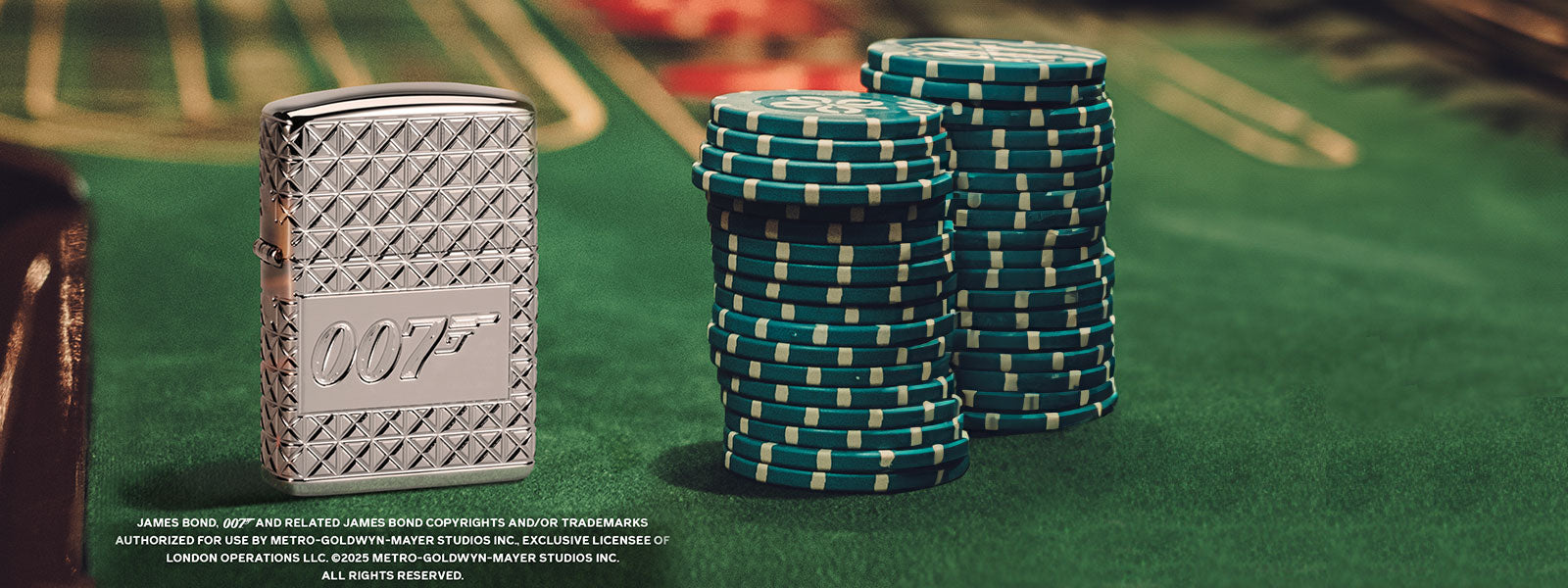 Lighter with '007' branding next to poker chips on a green felt surface