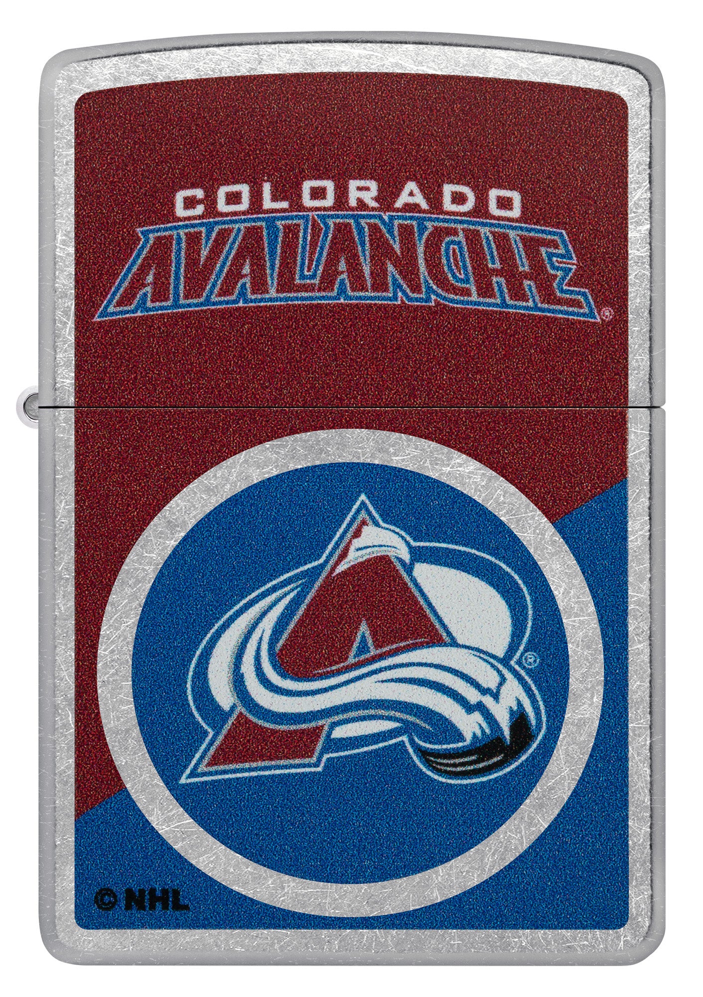 Zippo NHL® Colorado Avalanche® 2024 Street Chrome™ Windproof Lighter with its lid open and lit.