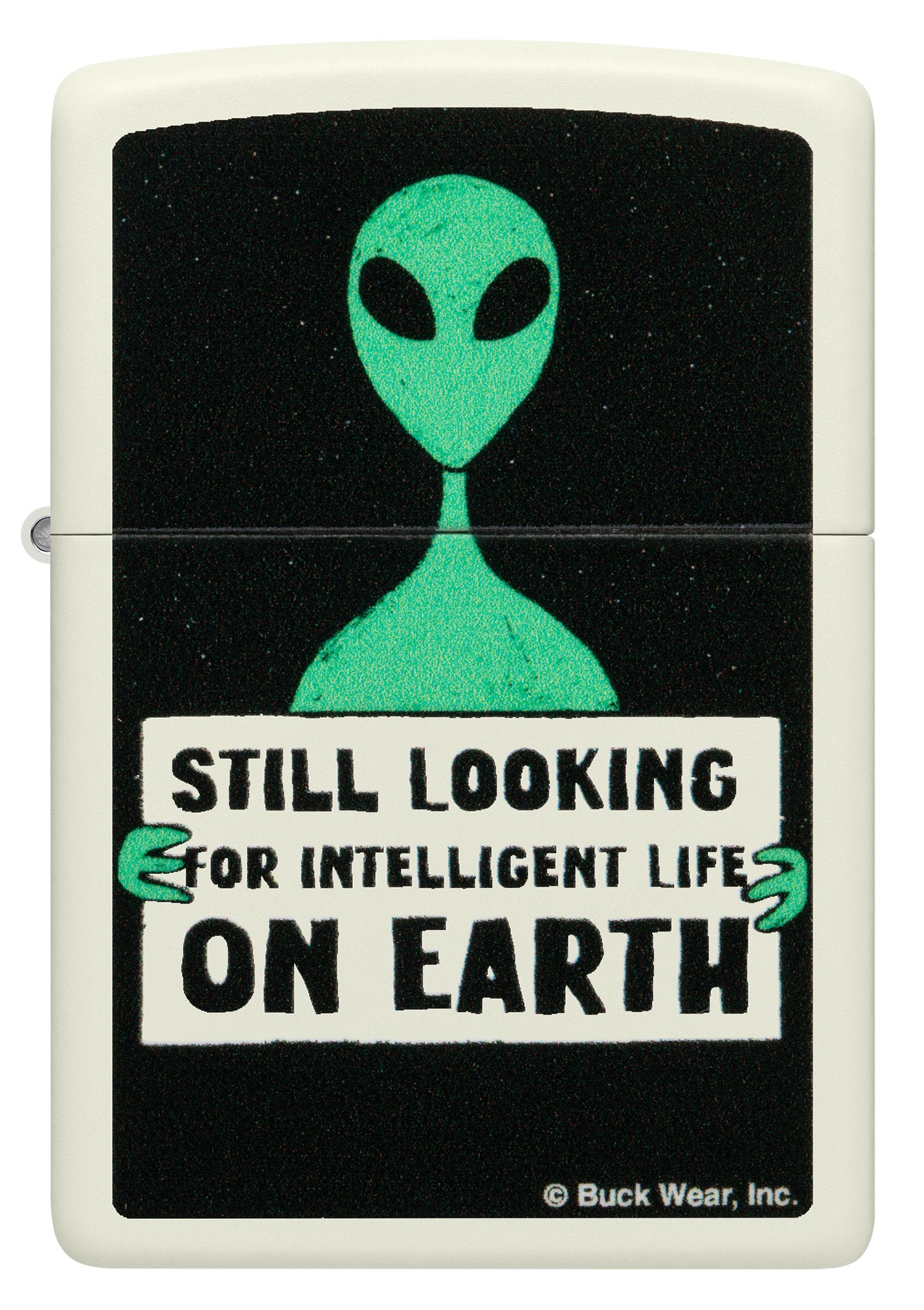 Front view of Zippo Buck Wear Alien Design Glow in the Dark Green Matte Windproof Lighter.