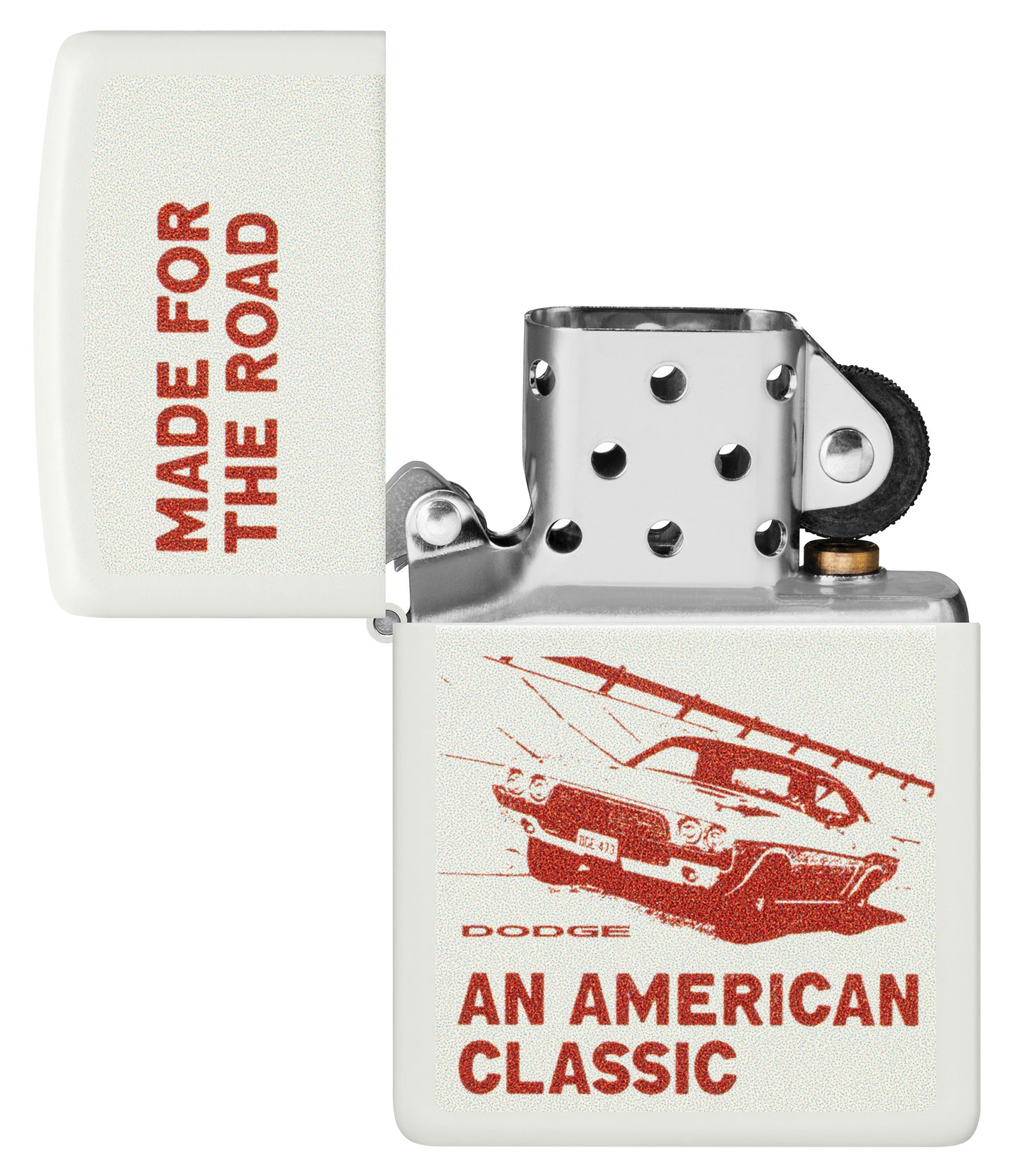 Zippo Dodge Made for the Road Design White Matte Windproof Lighter with its lid open and unlit.