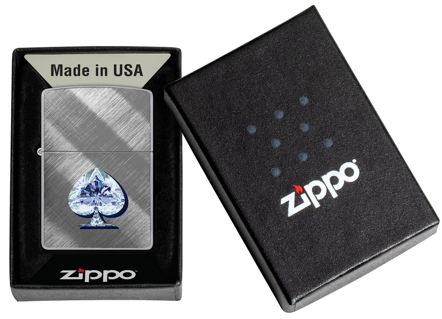 Zippo Gleaming Spade Design Diagonal Weave Windproof Lighter in its packaging.