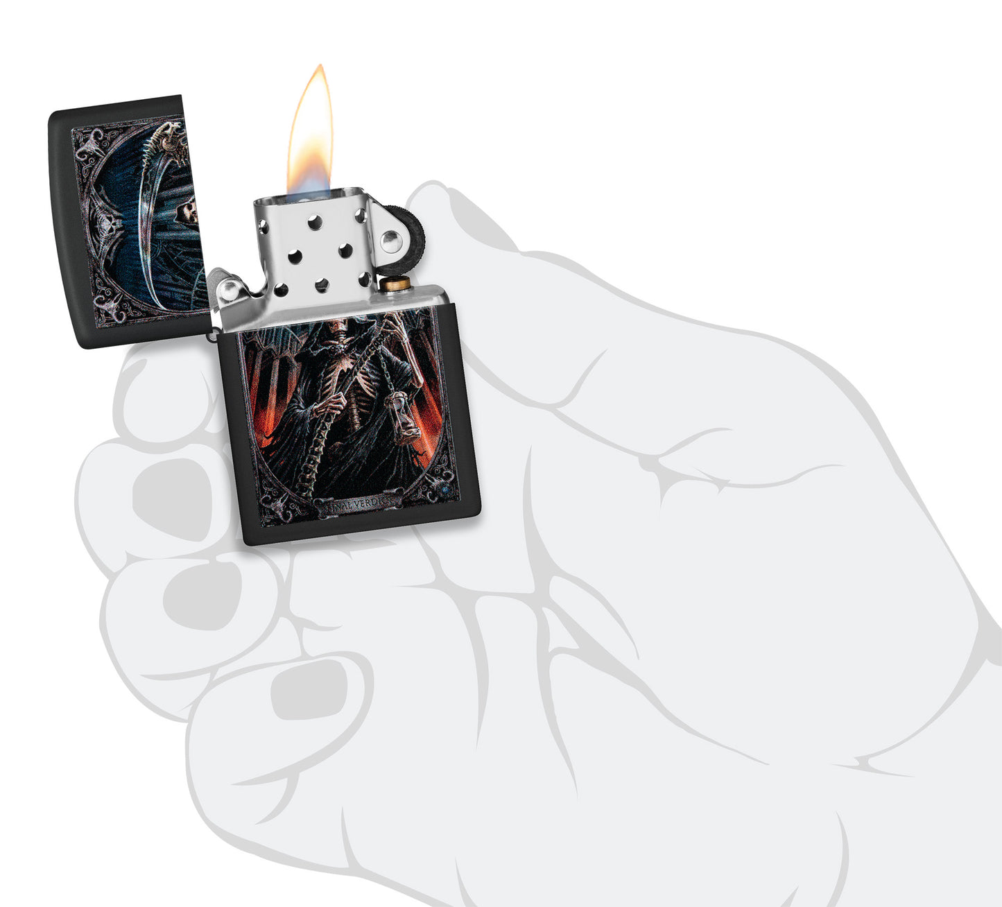 Zippo Anne Stokes Final Verdict Black Matte Windproof Lighter lit in hand.