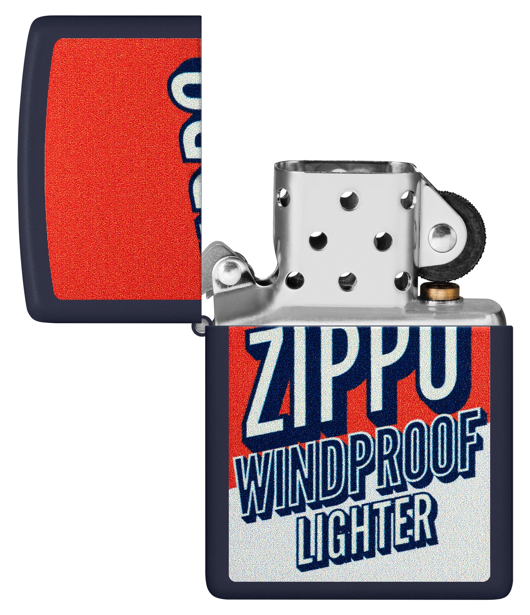Zippo Color Block Zippo Design Navy Matte Windproof Lighter with its lid open and unlit.
