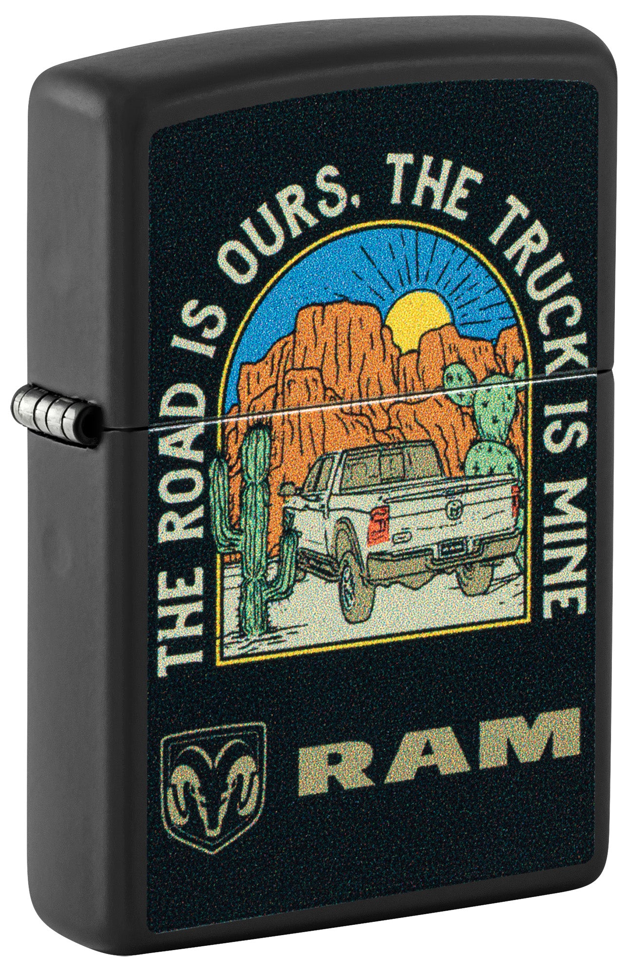 Front shot of Zippo Ram The Truck is Mine Design Black Matte Windproof Lighter standing at a 3/4 angle.