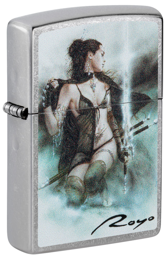 Front view of Zippo Luis Royo Street Chrome Windproof Lighter standing at a 3/4 angle.