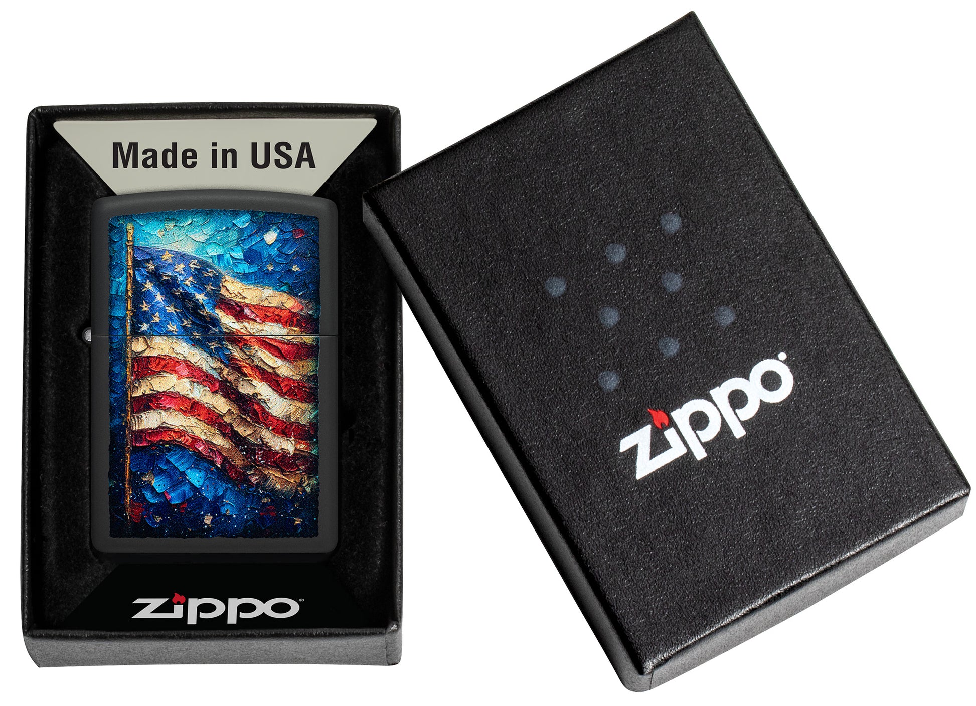 Zippo Painted Flag Design Black Matte Windproof Lighter in its packaging.