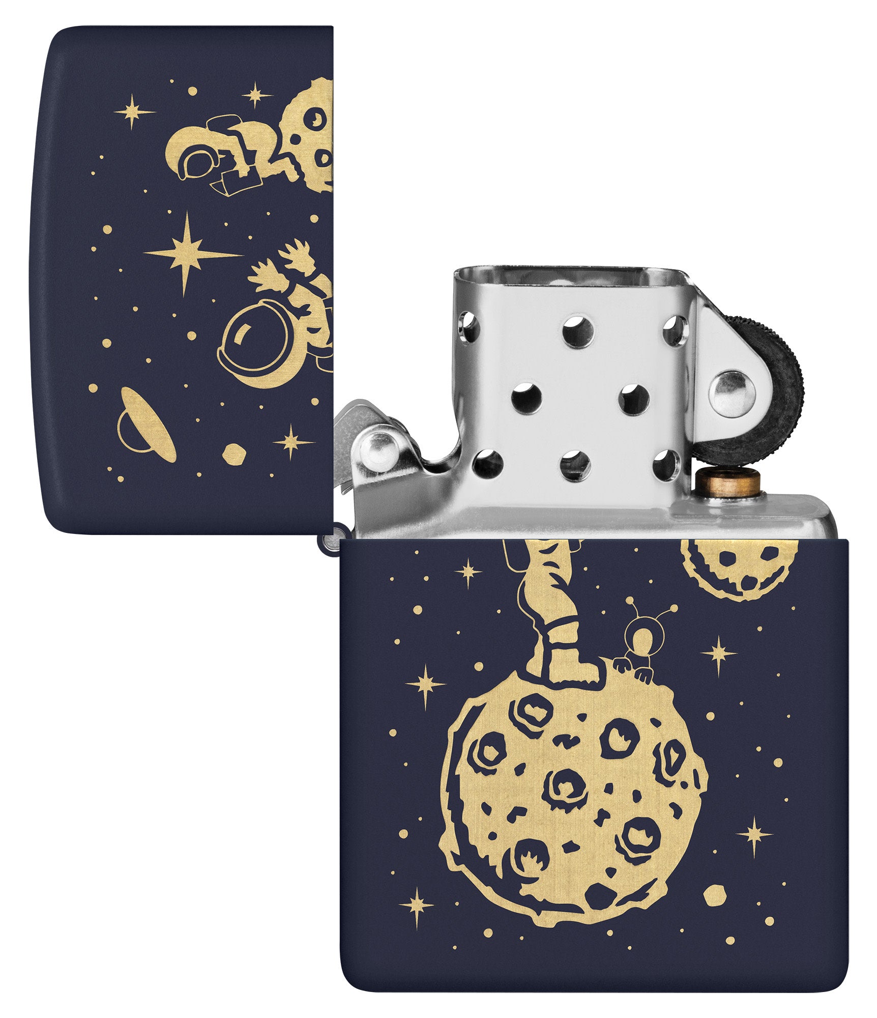 Zippo Lost in Space Design Navy Matte Windproof Lighter with its lid open and unlit.
