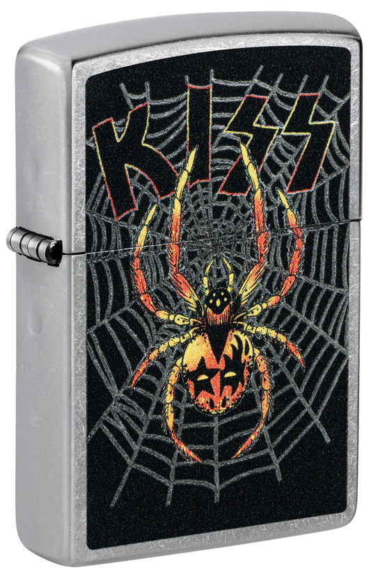 Front shot of Zippo KISS® Spider Design Street Chrome Windproof Lighter standing at a 3/4 angle.
