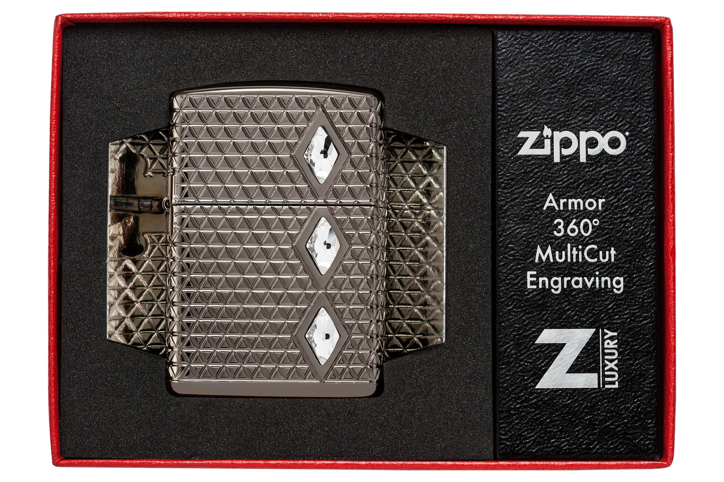 Zippo Diamond Pattern Design Armor® Black Ice® Windproof Lighter in its packaging.