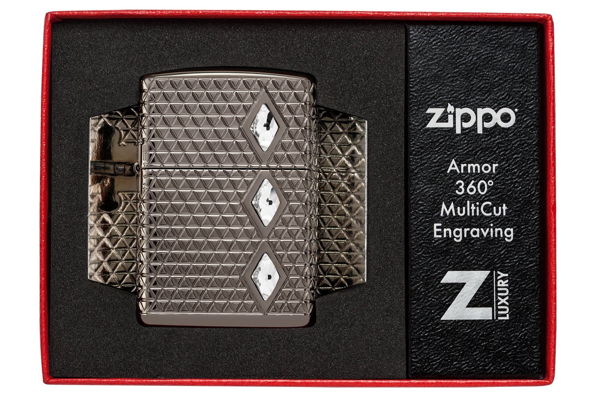 Zippo Diamond Pattern Design Armor® Black Ice® Windproof Lighter in its packaging.