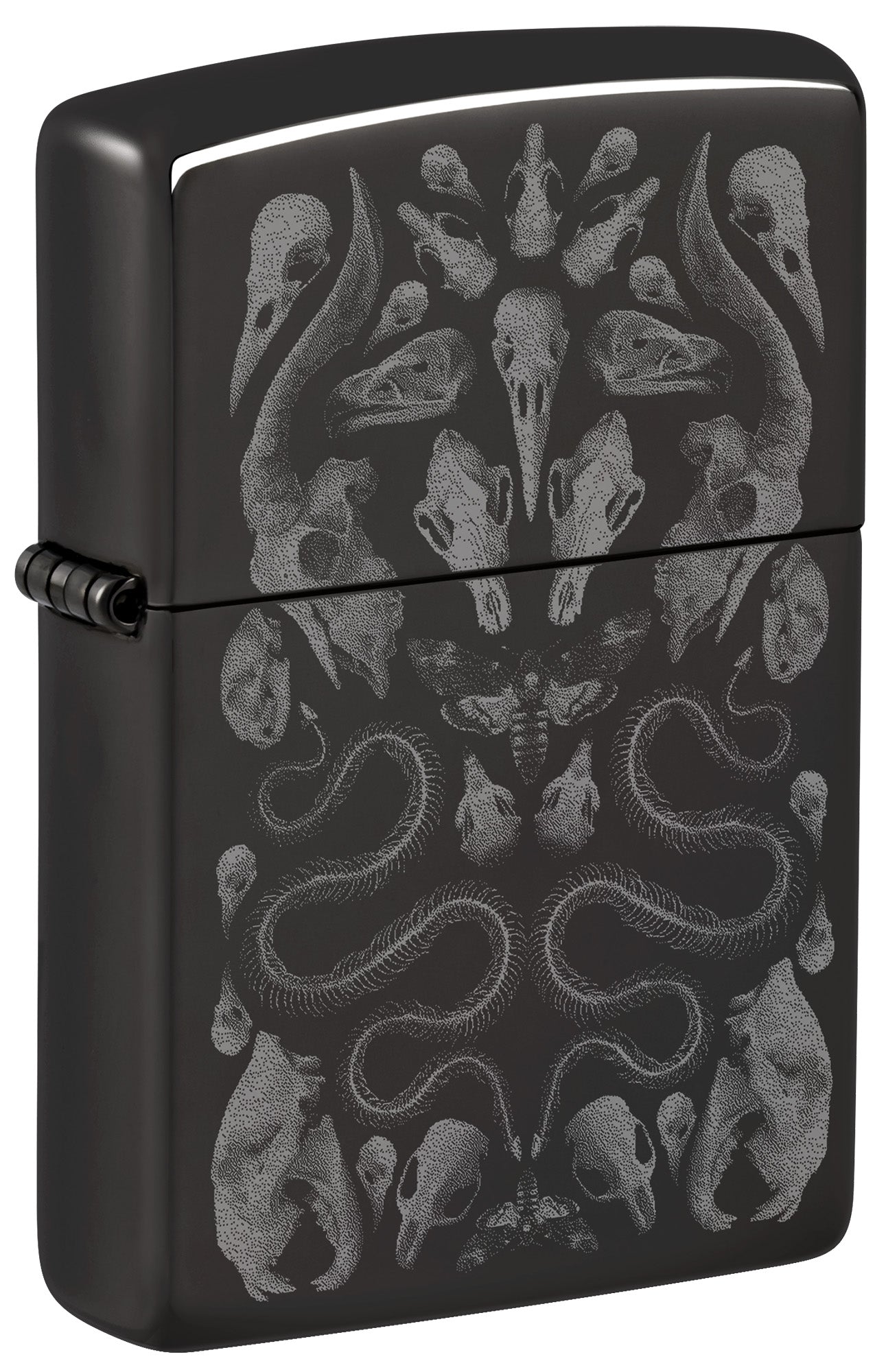 Front shot of Zippo Bone Mosaic Design Ebony Windproof Lighter standing at a 3/4 angle.