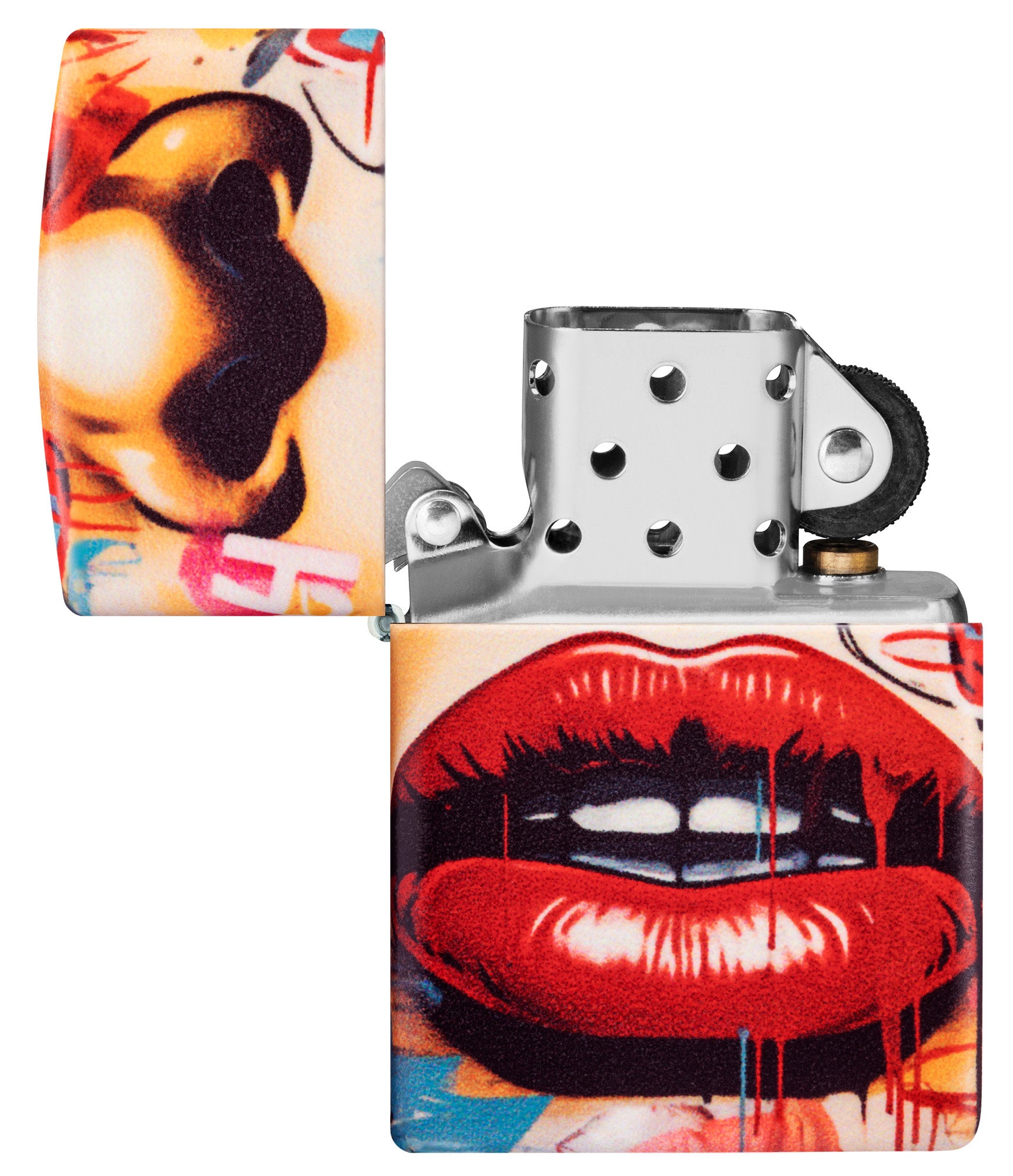 Zippo Street Art Design 540 Matte Windproof Lighter with its lid open and unlit.