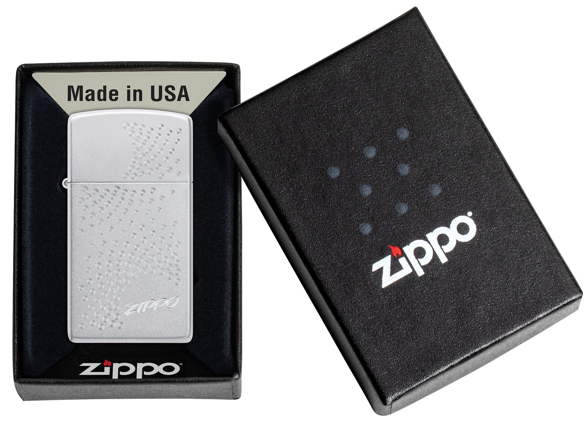 Slim® Zippo Dot Design Satin Chrome Windproof Lighter in its packaging.