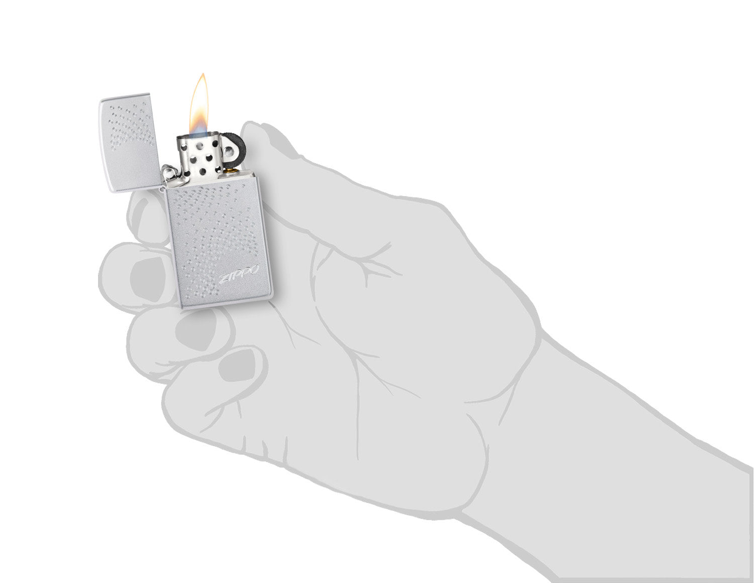 Slim® Zippo Dot Design Satin Chrome Windproof Lighter lit in hand.
