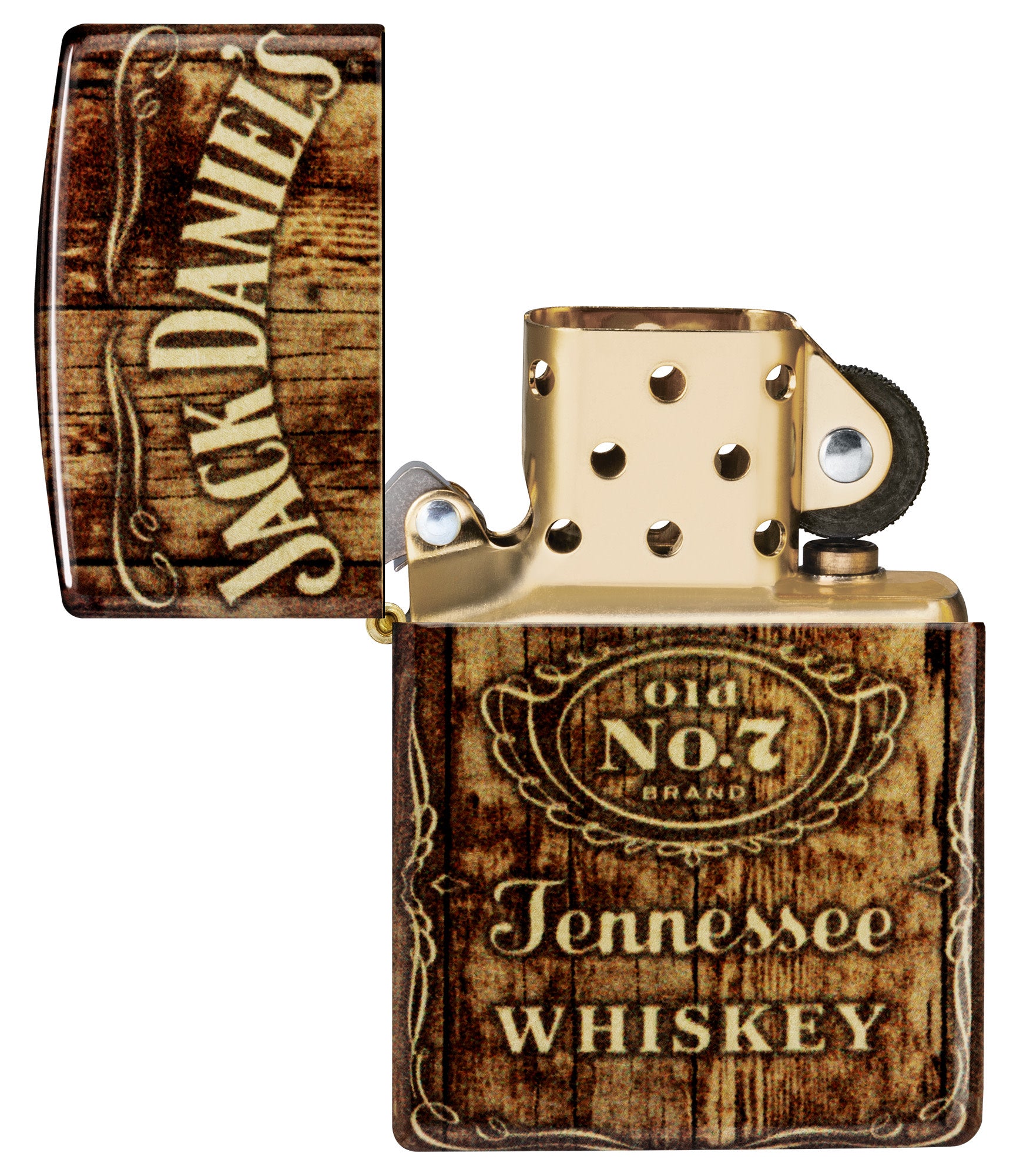 Zippo Jack Daniel's® Barrel Design 540 Tumbled Brass Windproof Lighter with its lid open and unlit.