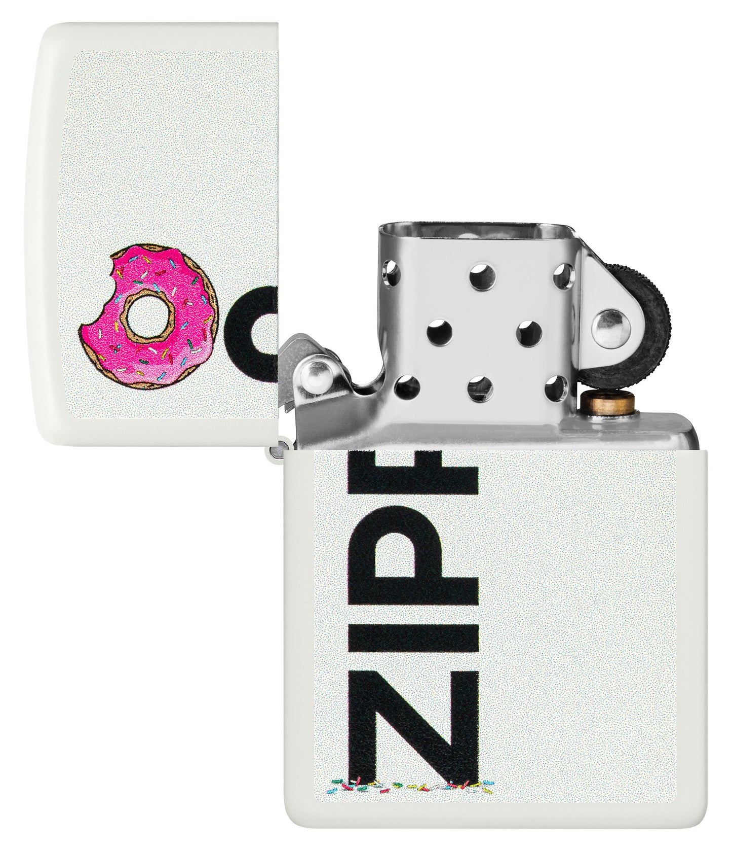 Frosted Zippo Design White Matte Windproof Lighter with its lid open and unlit.