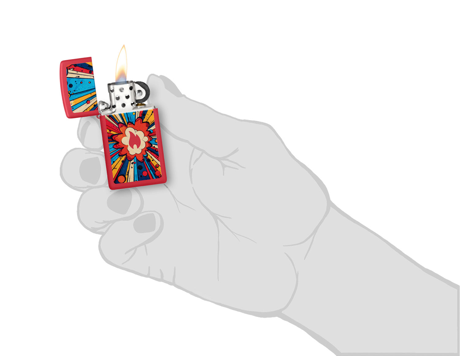 Zippo Comic Blast Design Slim Red Matte Windproof Lighter lit in hand.