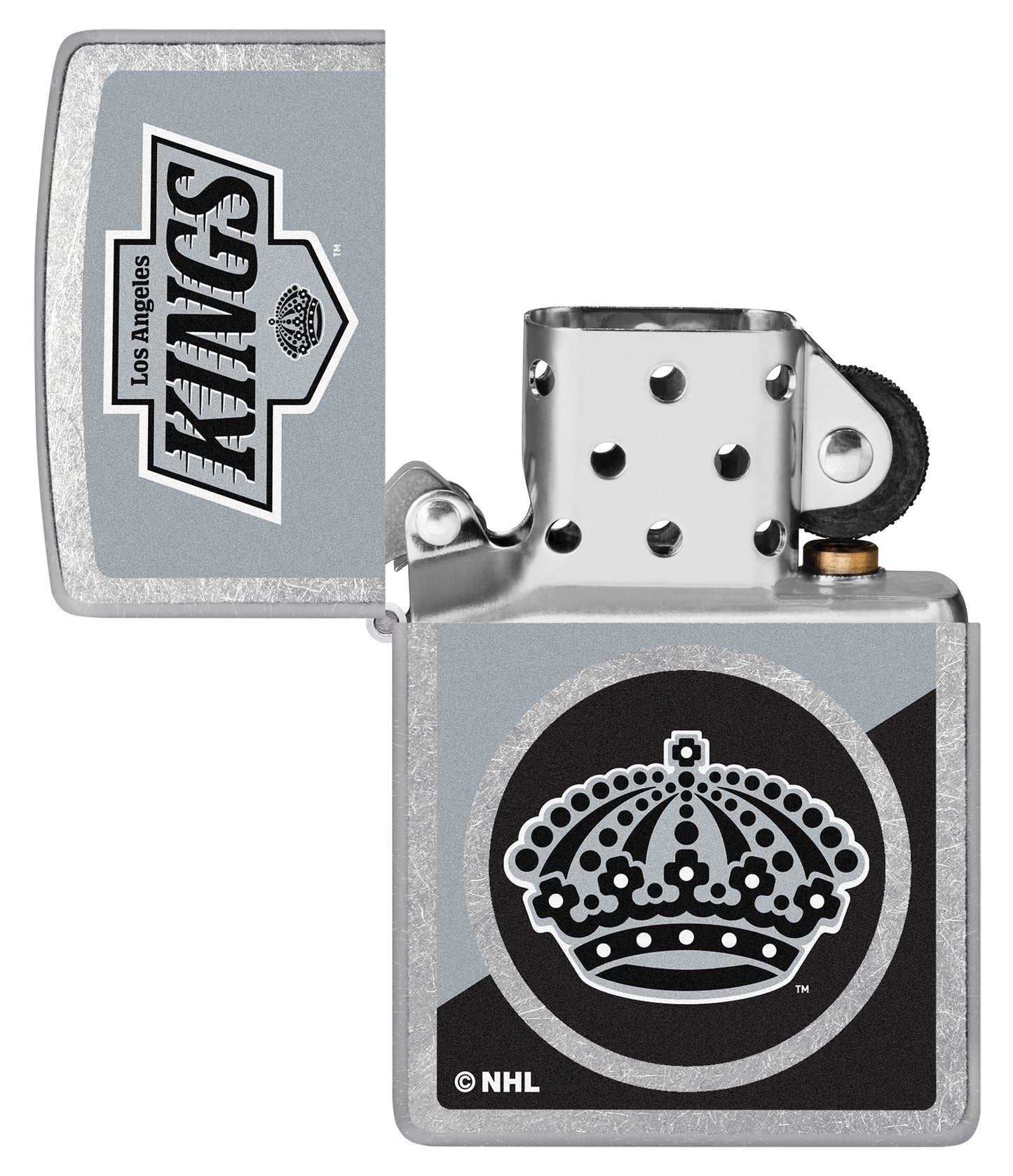 Zippo NHL® LA Kings® 2024 Street Chrome™ Windproof Lighter lit in hand.