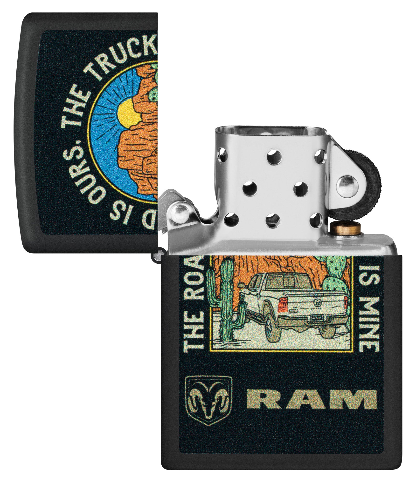 Zippo Ram The Truck is Mine Design Black Matte Windproof Lighter with its lid open and unlit.