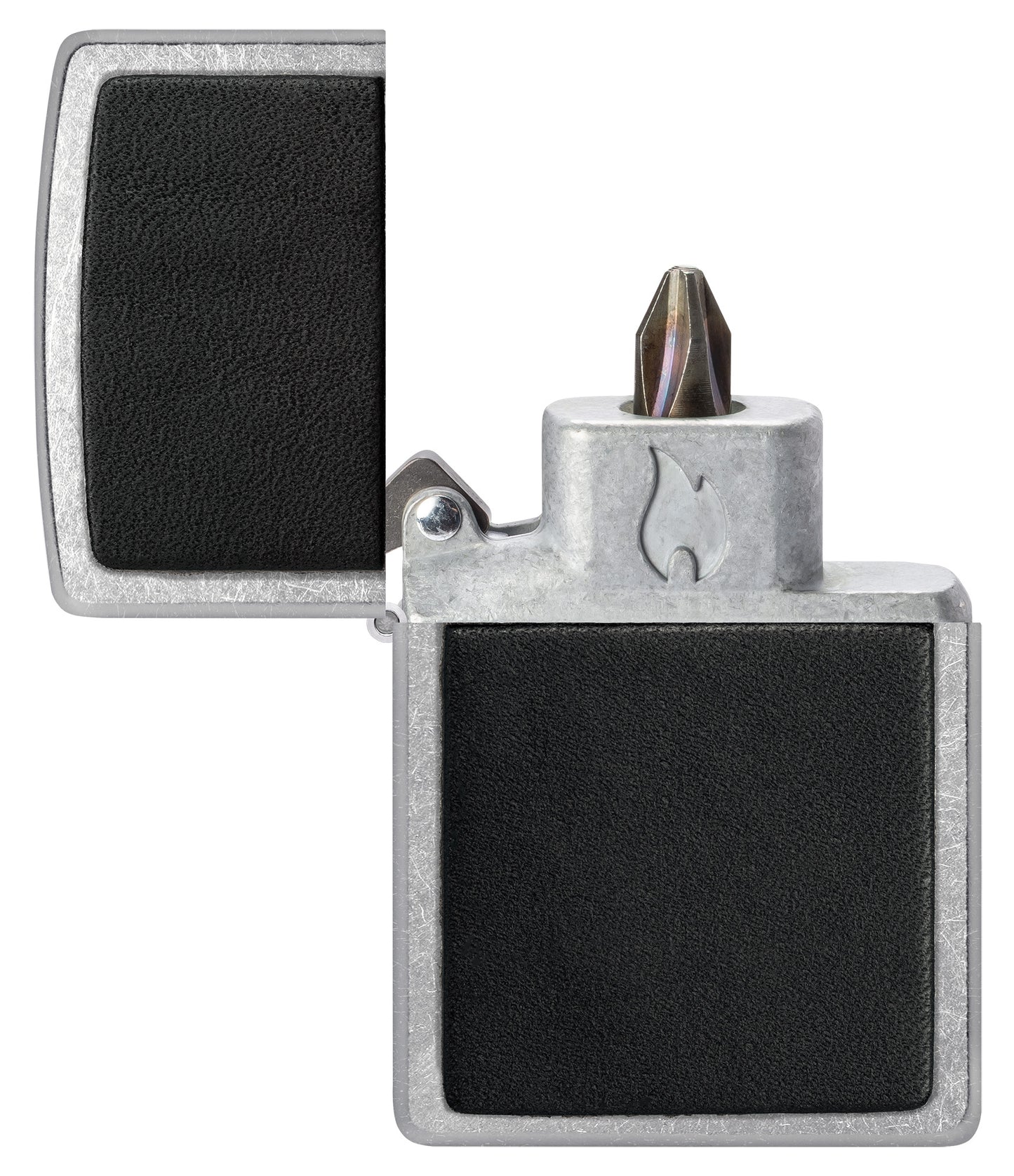 Black Leather Emblem Design Windproof Lighter with its lid open and showing the Bit Safe Screwdriver USA.