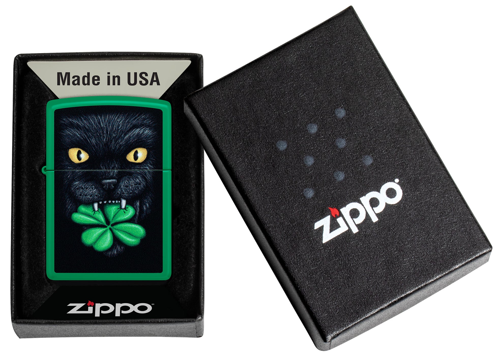 Zippo Feline Lucky Design Grass Green Matte Windproof Lighter in its packaging.