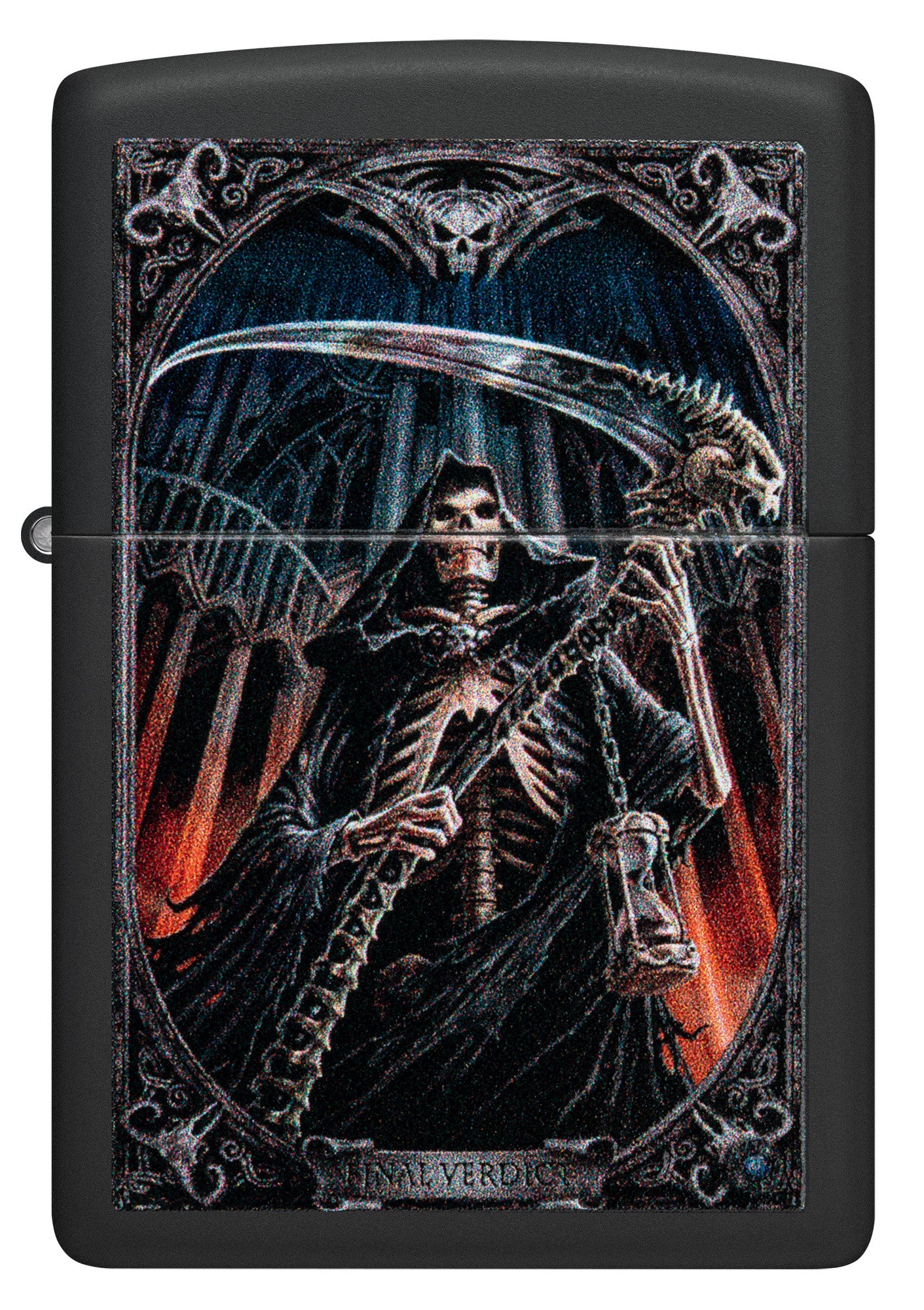 Front shot of Zippo Anne Stokes Final Verdict Black Matte Windproof Lighter.