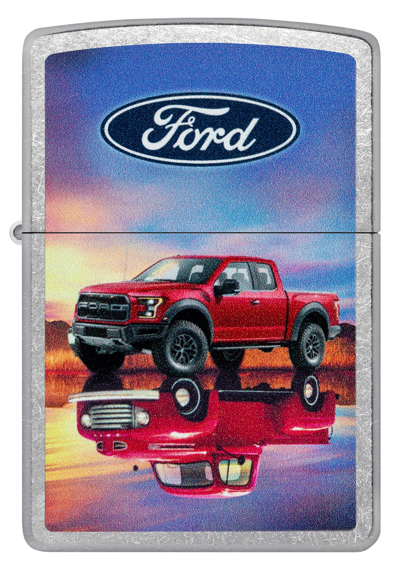 Front view of Zippo Ford F-Series Design Street Chrome Windproof Lighter.