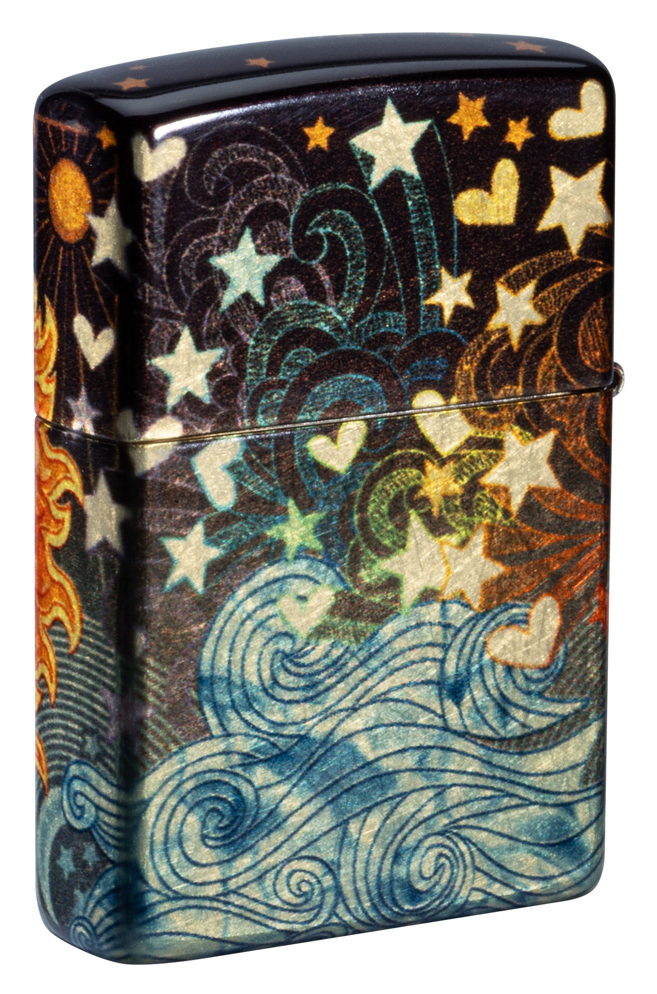 Back view of Zippo Star-Crossed Lovers Design 540 Tumbled Brass Windproof Lighter standing at a 3/4 angle.
