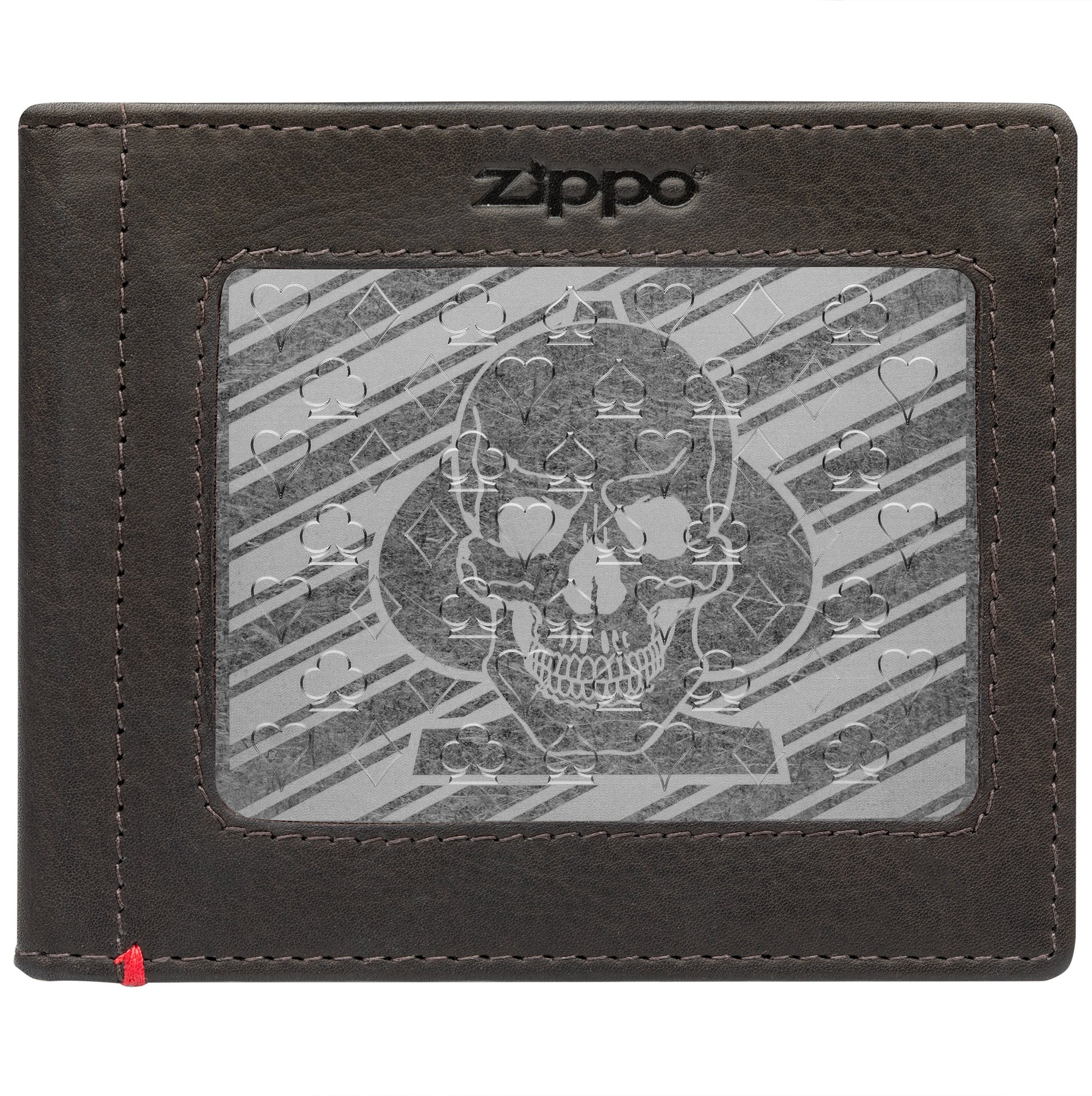 Front of mocha Leather Wallet With Spade Skull Metal Plate - ID Window