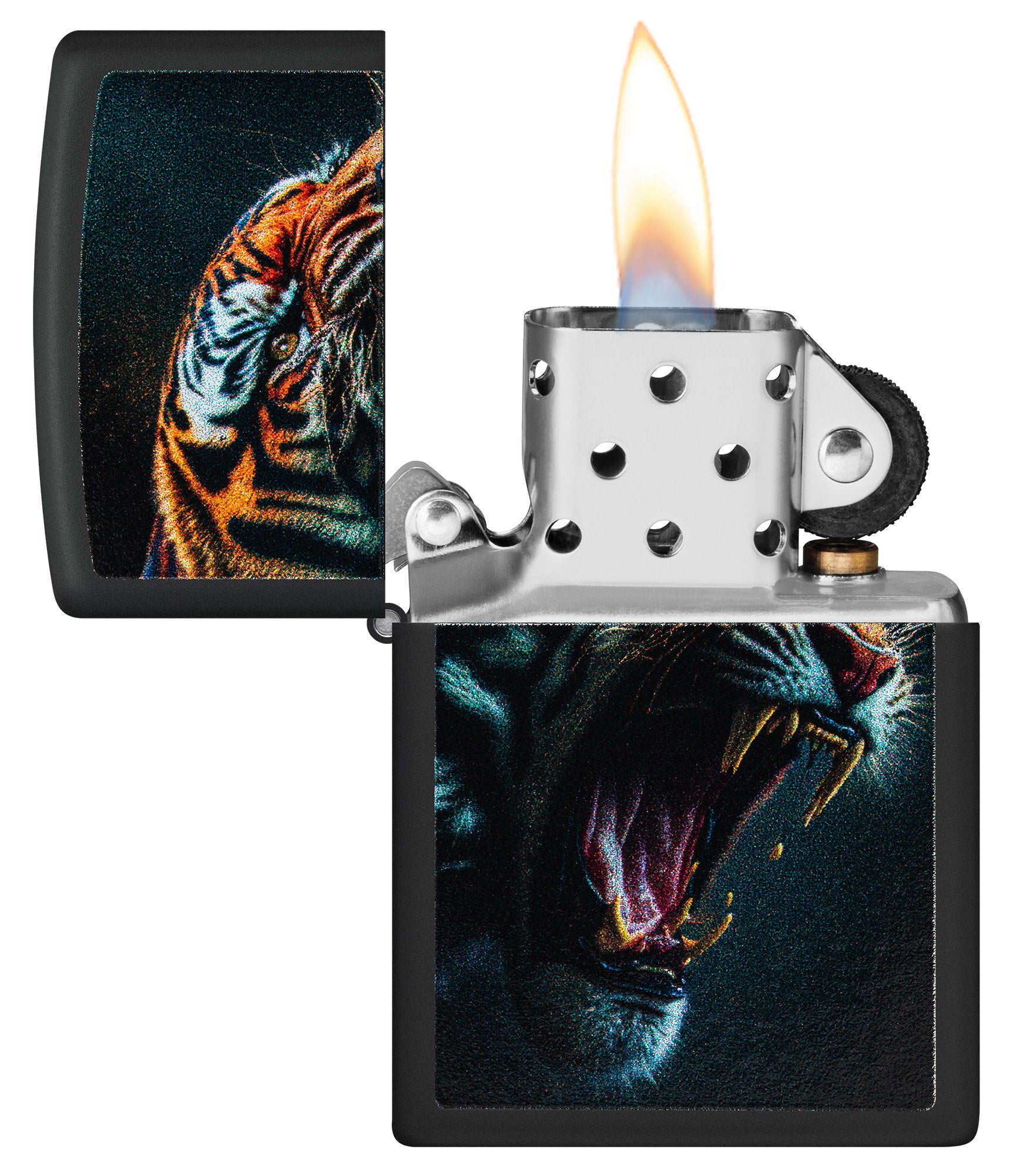 Zippo Tiger Roar Design Black Matte Windproof Lighter with its lid open and lit.