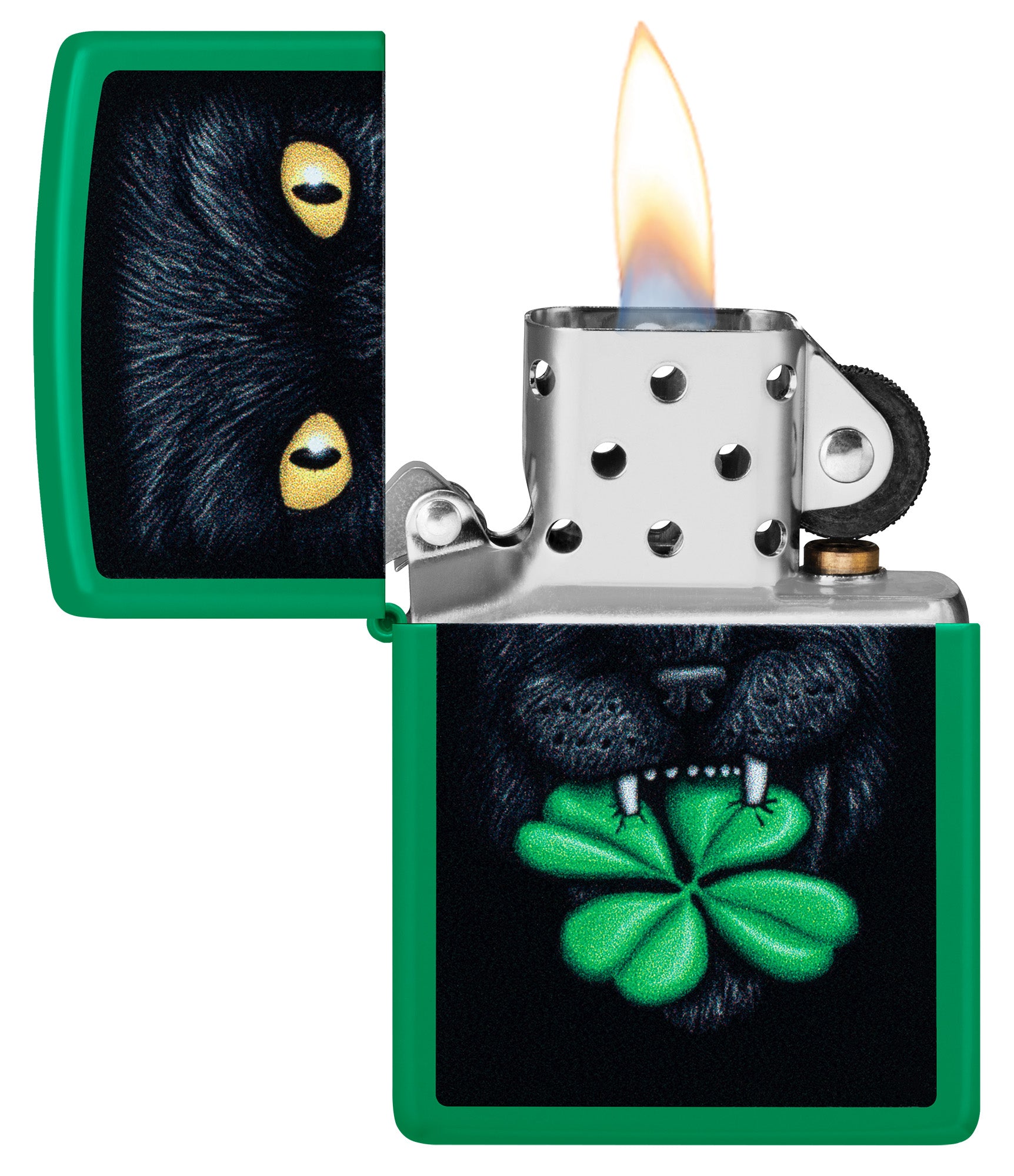 Zippo Feline Lucky Design Grass Green Matte Windproof Lighter with its lid open and lit.